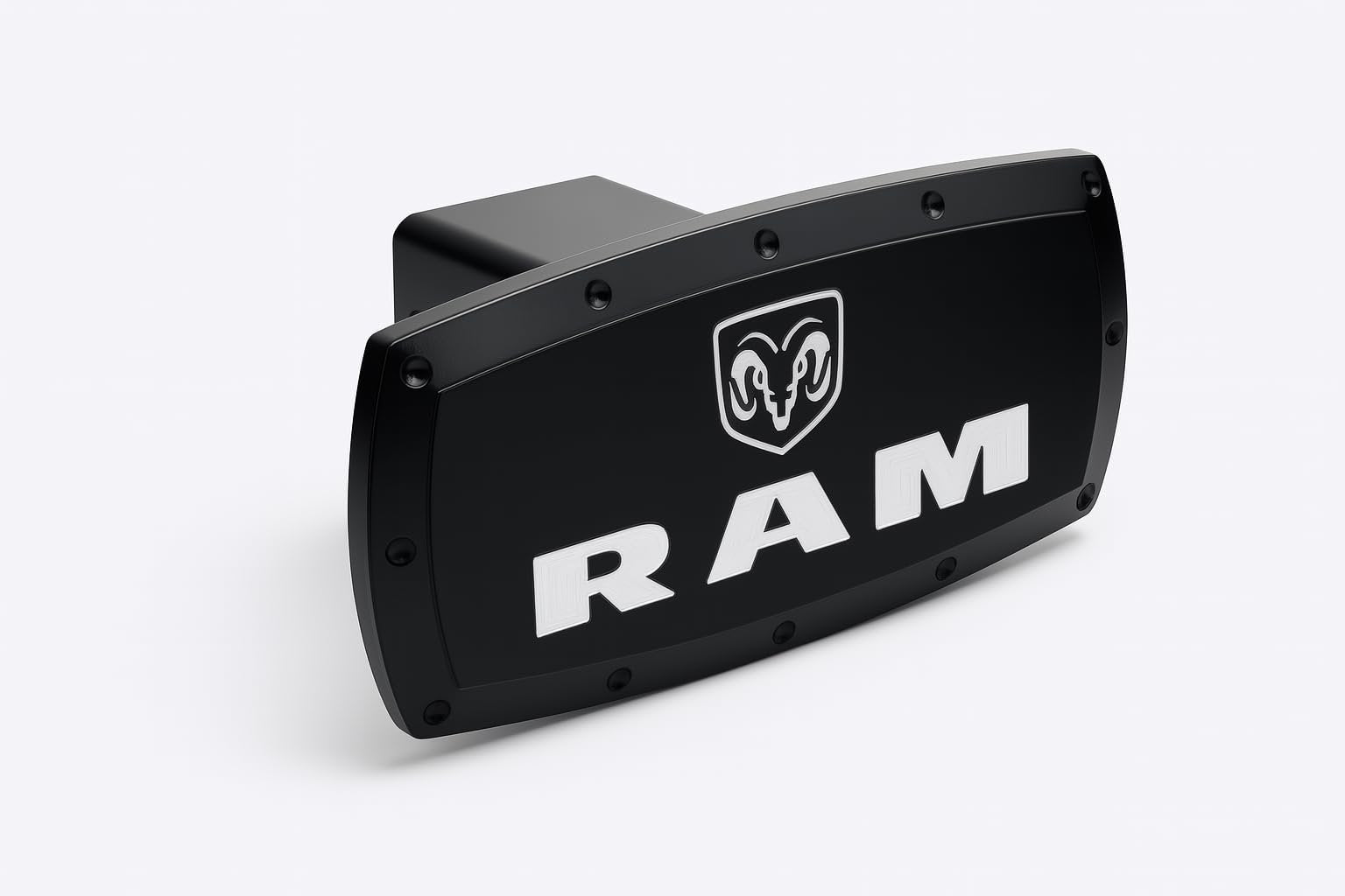 RAM Hitch Cover Plug - Black Billet Aluminum with Silver Logo - USA Made for Dodge Ram