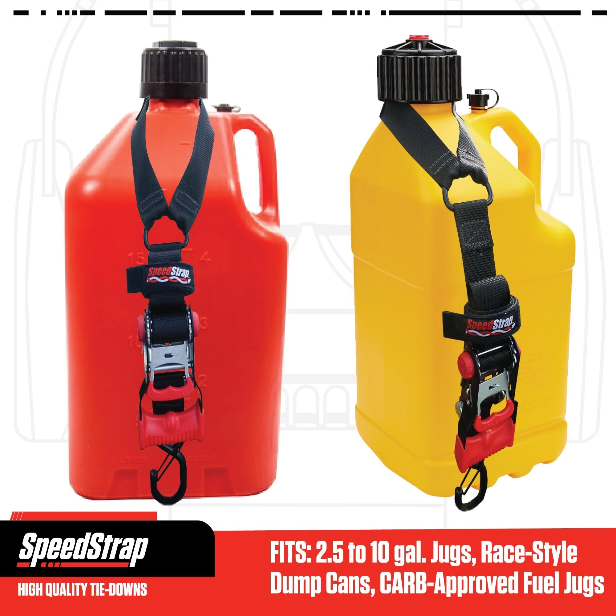 SpeedStrap Fuel Jug Tie Down. Ideal for Gas Cans, Dump Cans, Utility Jugs & Jerry Cans. Fits Most 2.5, 5 & 10 Gallon containers. - Black (1 Tie Down)