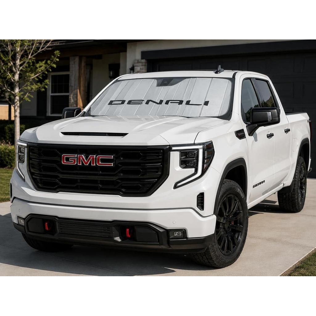 SR1 Performance USA GMC Sierra Denali Windshield Sunshade for 2019-2026 Sierra 1500, 2500HD, 3500HD Denali – Insulated Foldable Accordion Style Silver Custom Fit Sun Shade – Blocks UV Rays
