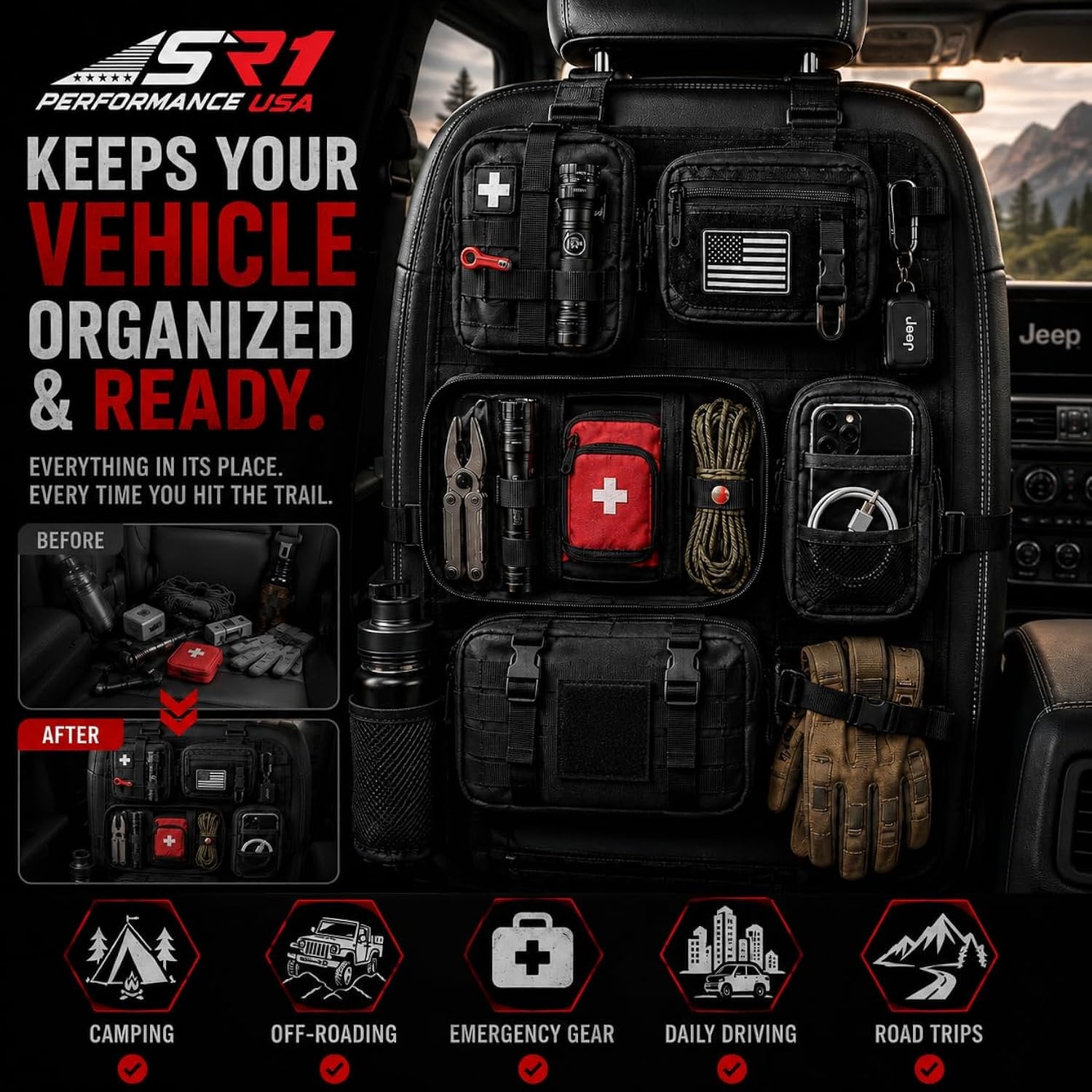 Universal Car Seat Back Organizer with 2 Interchangeable Rubber Patches – Heavy Duty 600D Polyester Multi-Pocket Storage Organizer, Seat Protector Kick Mat for Cars, SUVs, Trucks & Jeeps