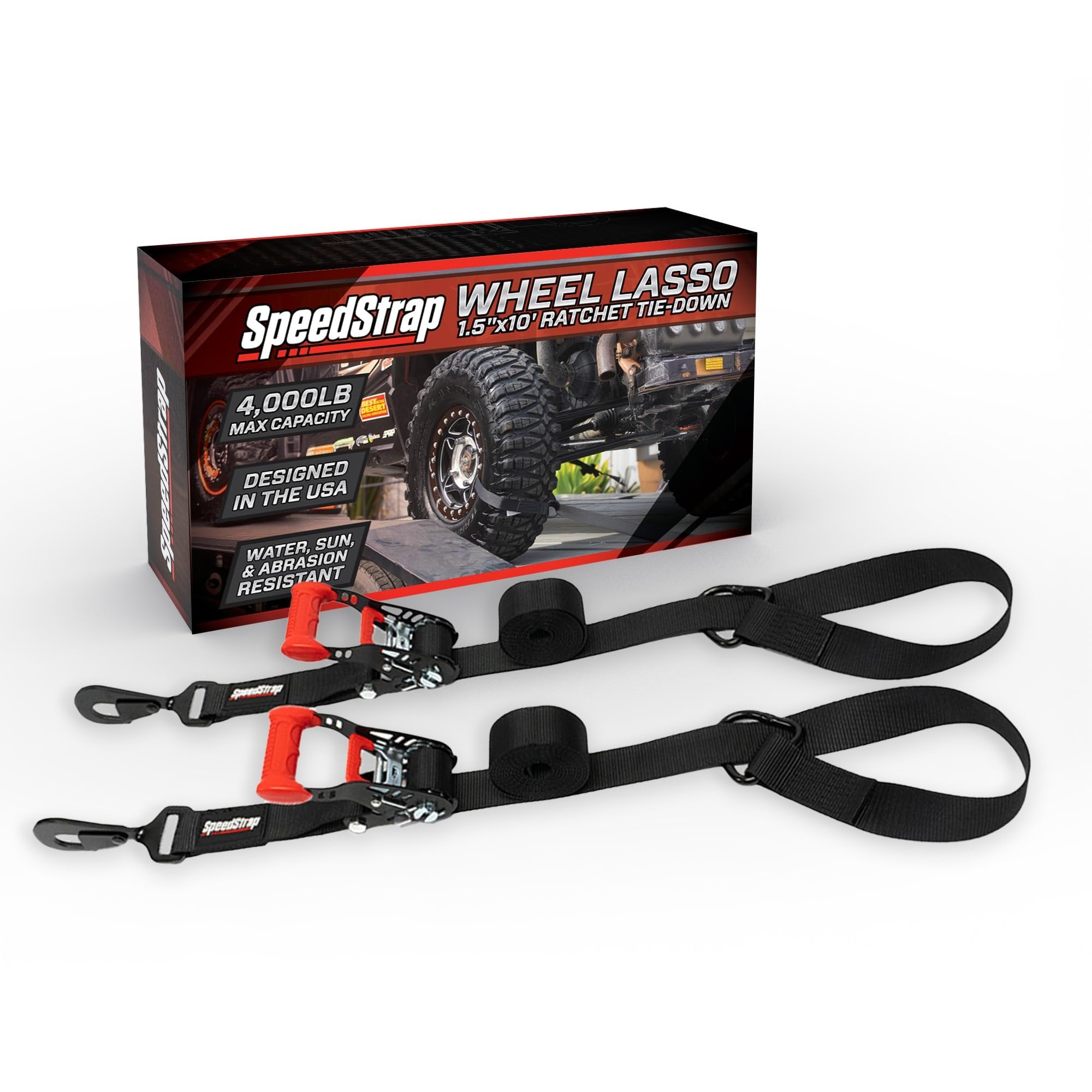SpeedStrap Through Wheel Tie-Down, Black 1.5" x 10' Strap - Secure UTV to Trailer, 4,000 lb Max Capacity - Premium Ratchet Mechanism, Easy Loop Design