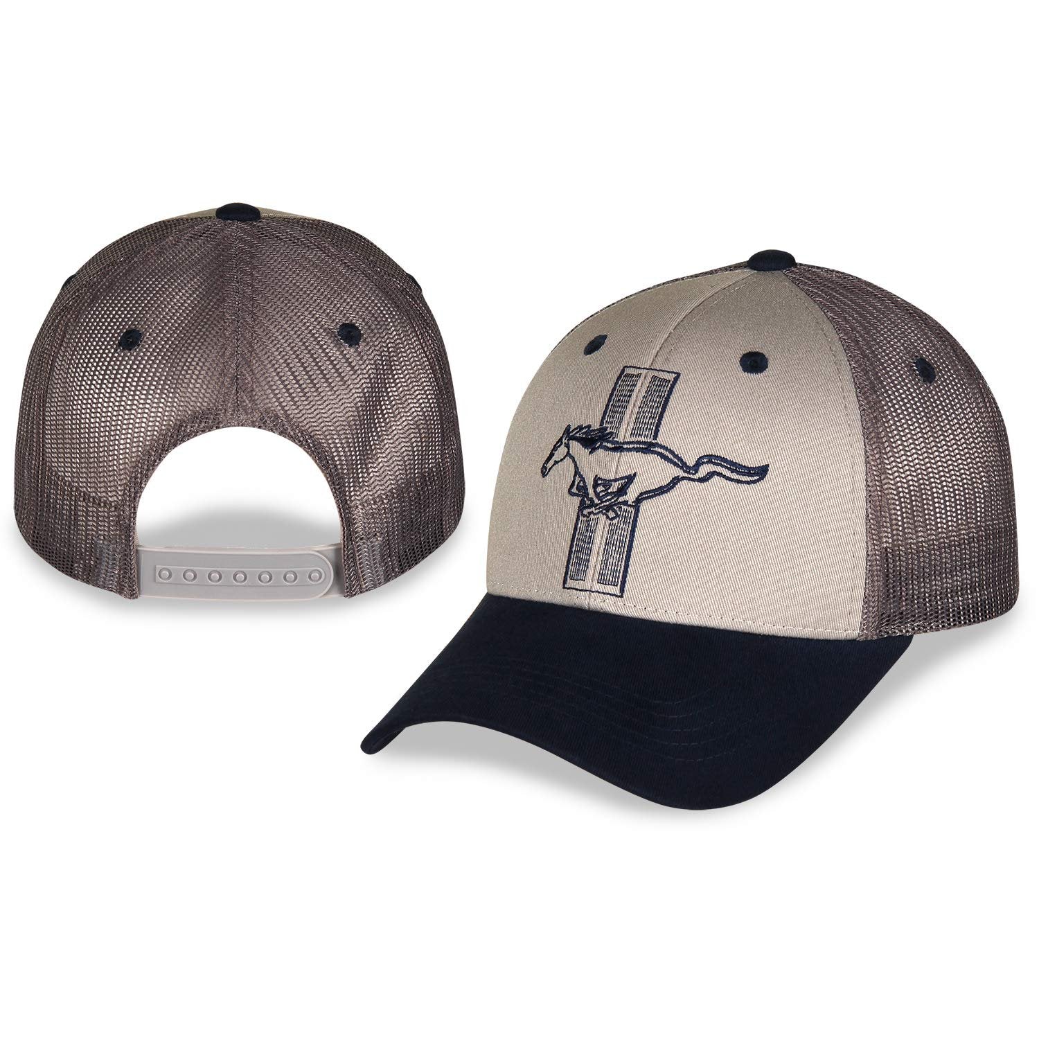 Officially Licensed Grey Twill and Ash Charcoal Mesh Ford Mustang Baseball Hat/Cap with Navy Blue Bill Featuring 3 Inch tri Pony on Front panes with Adjustable Closure