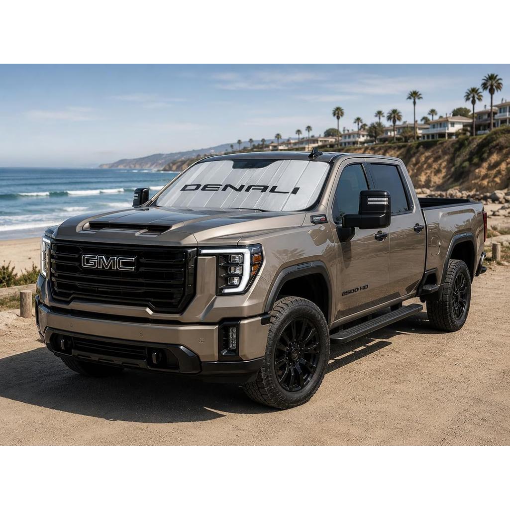 SR1 Performance USA GMC Sierra Denali Windshield Sunshade for 2019-2026 Sierra 1500, 2500HD, 3500HD Denali – Insulated Foldable Accordion Style Silver Custom Fit Sun Shade – Blocks UV Rays