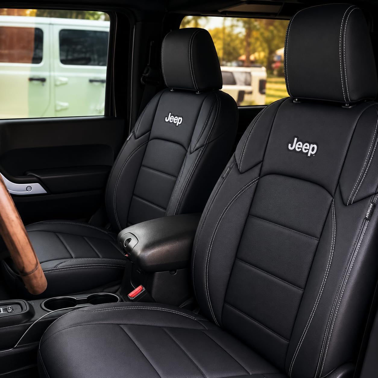 Custom Fit Seat Covers for 2007-2018 Jeep Wrangler JK 4 Door – Front & Rear Set of 4, Premium Artificial Leather w/ Embroidered Logos (All Black (White Stitching)