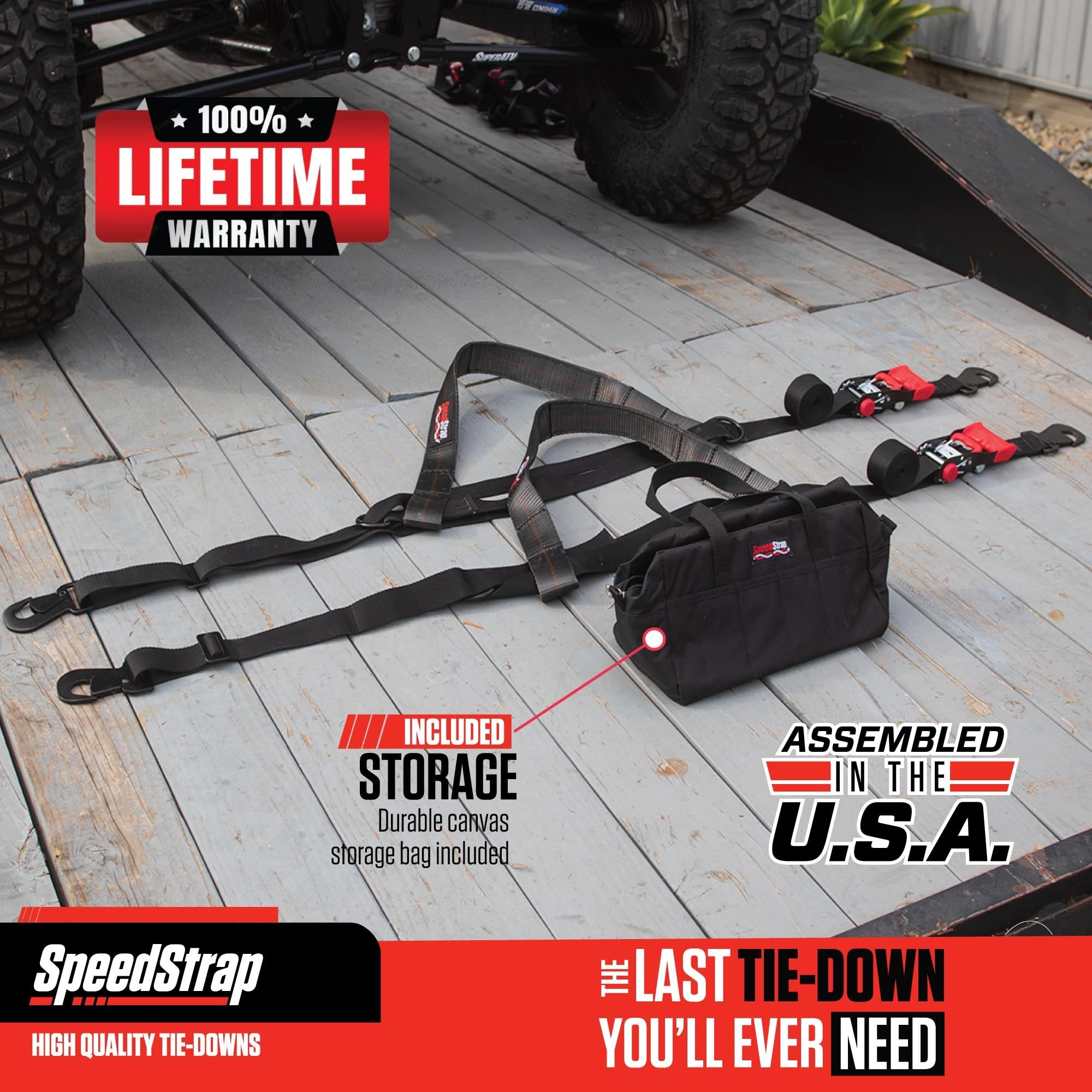 SpeedStrap Essential UTV Tire Straps Bonnet Kit with Tool Bag, 2-Pack Ratchet Tire Tie Down Straps Over The Wheel, Tire Straps for UTV, ATV, fits 26”-36” Tires, Made in USA