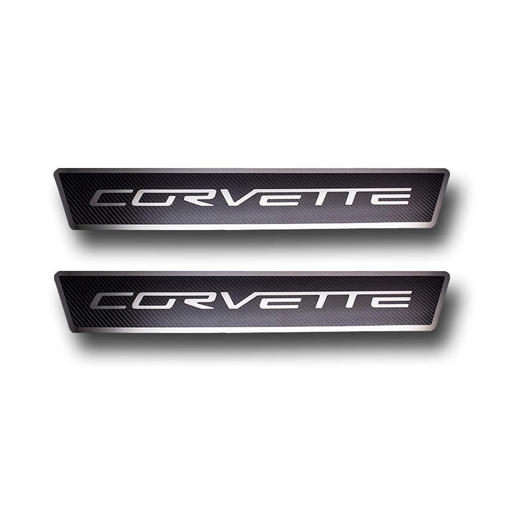 C6 Corvette Door Sill Plates - Stainless Steel Corvette Script with Carbon Fiber Overlay