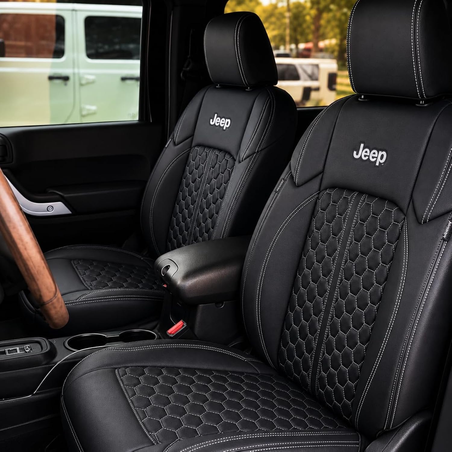 Kustom Interior Custom Fit Seat Covers - Premium Artificial Leather, Front & Rear Seat Protection with Embroidered Logos for Dodge Charger/Challenger & Jeep Wrangler/Gladiator