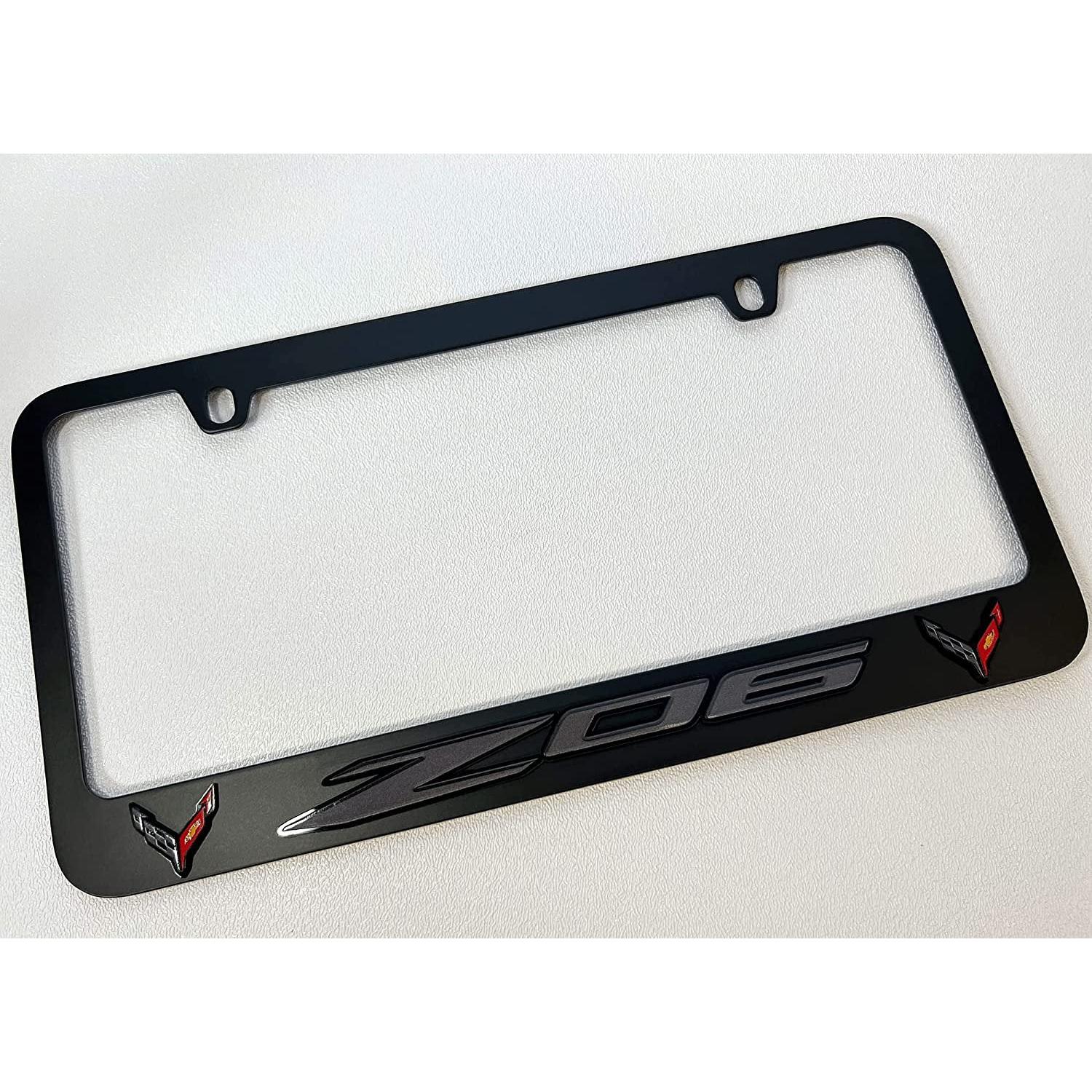 Corvette Black License Plate Frame W/Z06 & Flags Logo : C8 Z06