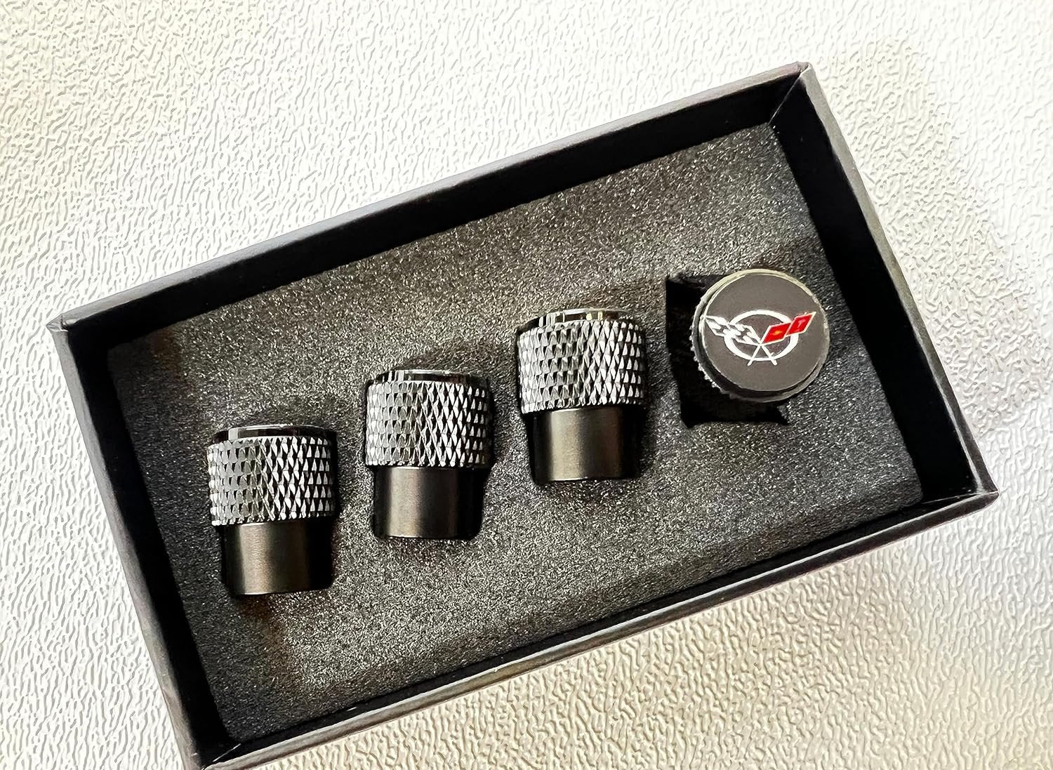 Corvette Cross Flag Logo Valve Stem Cap - Black Knurled - 4 Pieces : C5