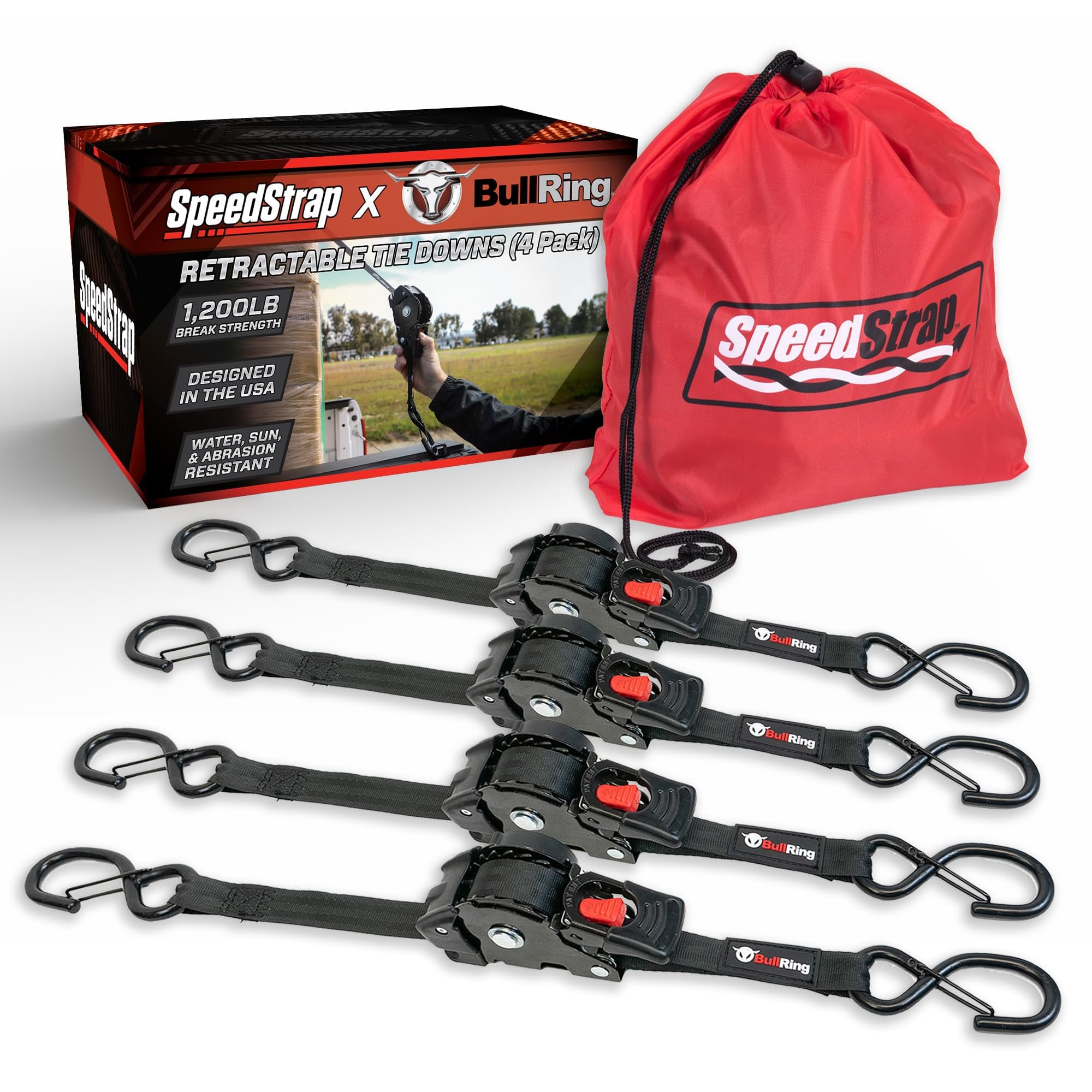 SpeedStrap Retractable Ratchet Straps (4-Pack) - 1 Inch x 10 Feet (1,200lb Break Strength) - Heavy-Duty Self Retracting Tie Down Straps