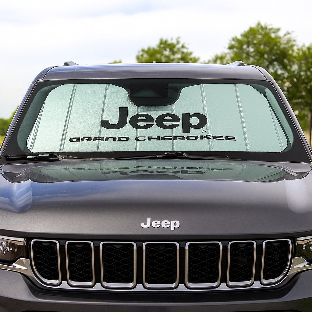 Jeep Accordion Style Sunshade - Insulated Silver Windshield Sun Shade with Logo Foldable