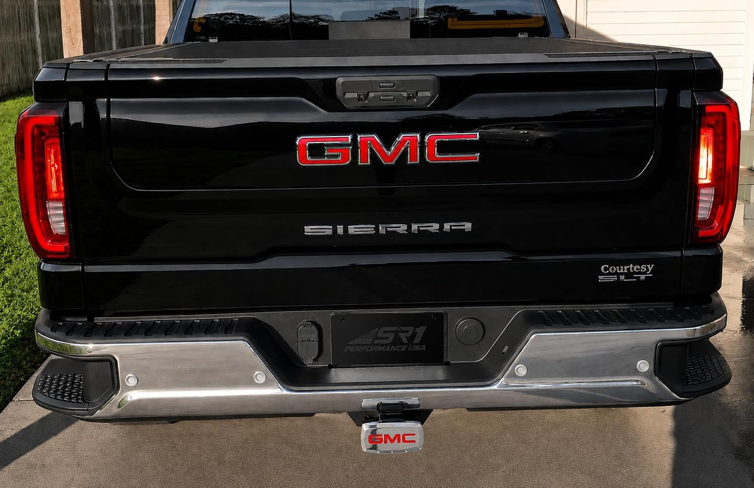 SR1 Performance USA GMC Billet Aluminum Trailer Hitch Cover Chrome with Red CNC Engraved Logo - 2" Rectangle Receiver Plug - Made in USA - Fits GMC Trucks & SUVs