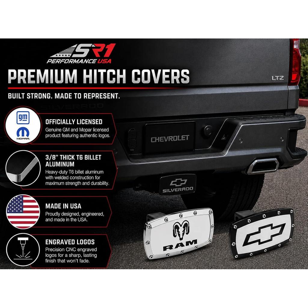 SR1 Performance USA Chevrolet High Country Billet Aluminum Trailer Hitch Cover CNC Engraved Logo - 2" Rectangle Receiver Plug - Made in USA - Fits Silverado, Tahoe & Suburban High Country