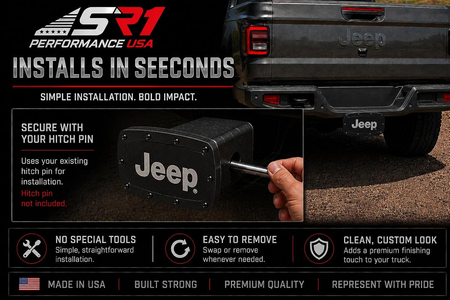 SR1 Performance USA GMC Billet Aluminum Trailer Hitch Cover Chrome with Black CNC Engraved Logo - 2" Rectangle Receiver Plug - Made in USA - Fits GMC Trucks & SUVs