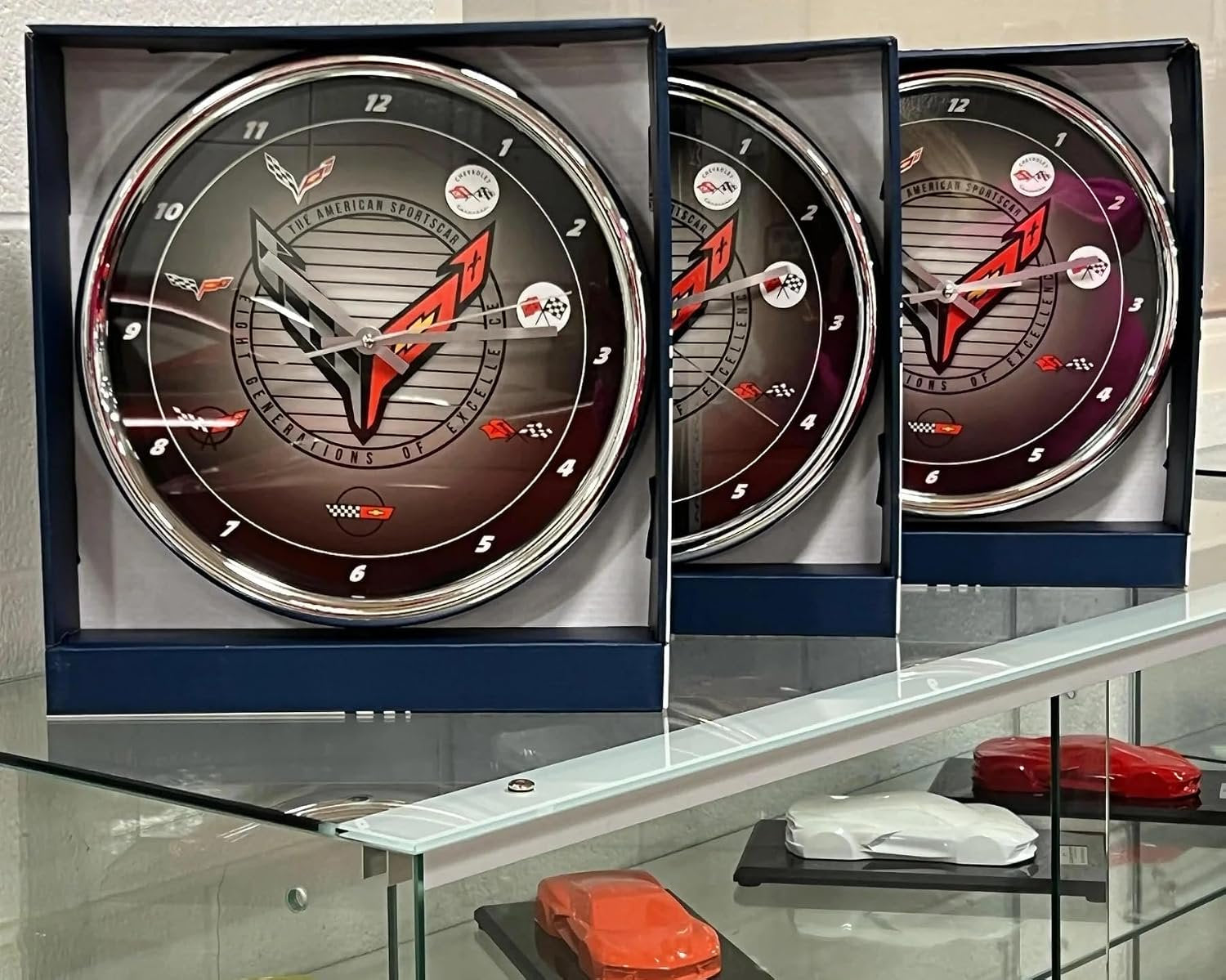 Corvette 8 Generations Clock  C1 C2 C3 C4 C5 C6 C7 C8 – Official Chevrolet American Sportscar Design – 12" Chrome-Plated Quartz Analog Clock with Metal Hands