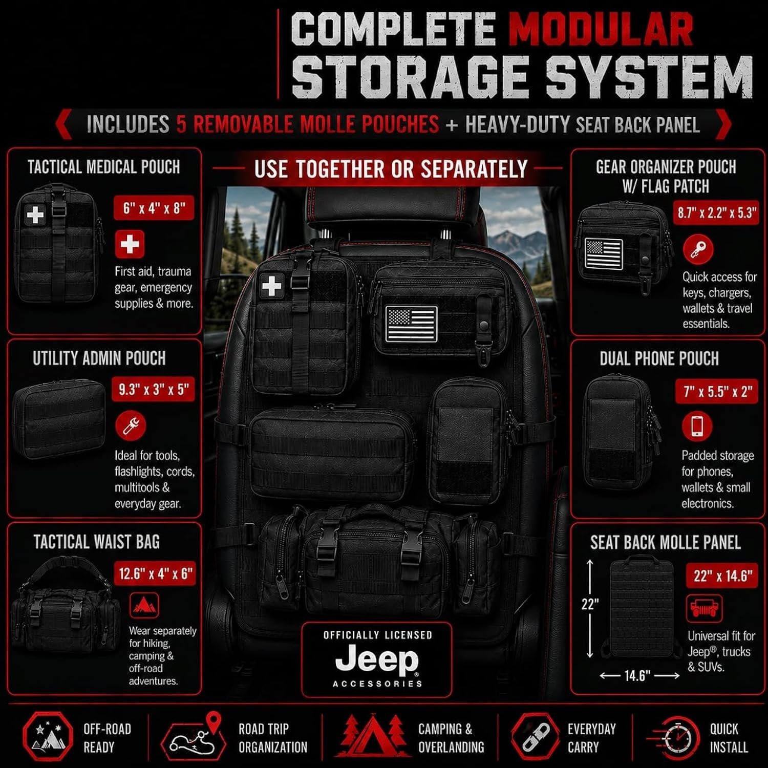 Universal Car Seat Back Organizer with 2 Interchangeable Rubber Patches – Heavy Duty 600D Polyester Multi-Pocket Storage Organizer, Seat Protector Kick Mat for Cars, SUVs, Trucks & Jeeps