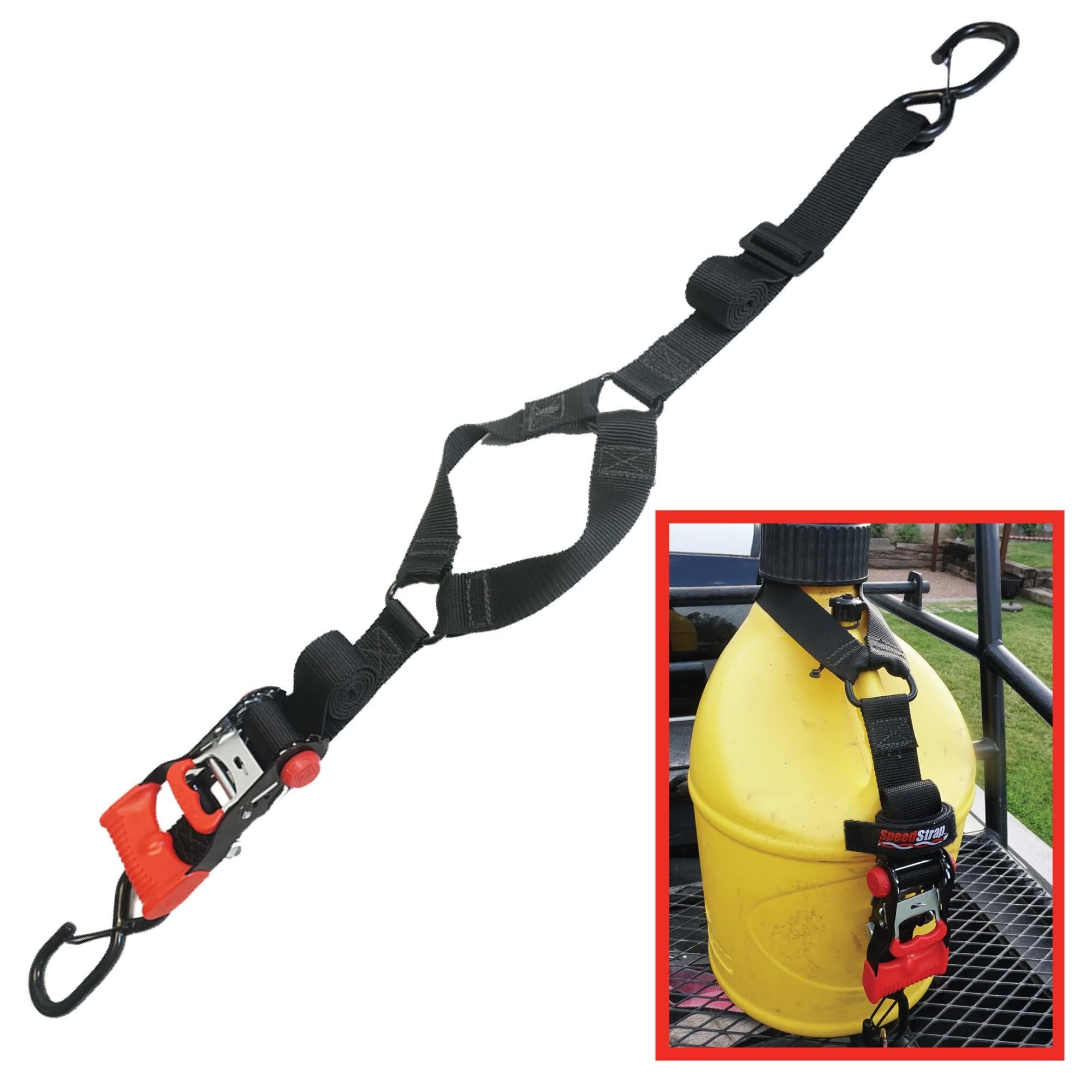 SpeedStrap Fuel Jug Tie Down. Ideal for Gas Cans, Dump Cans, Utility Jugs & Jerry Cans. Fits Most 2.5, 5 & 10 Gallon containers. - Black (1 Tie Down)