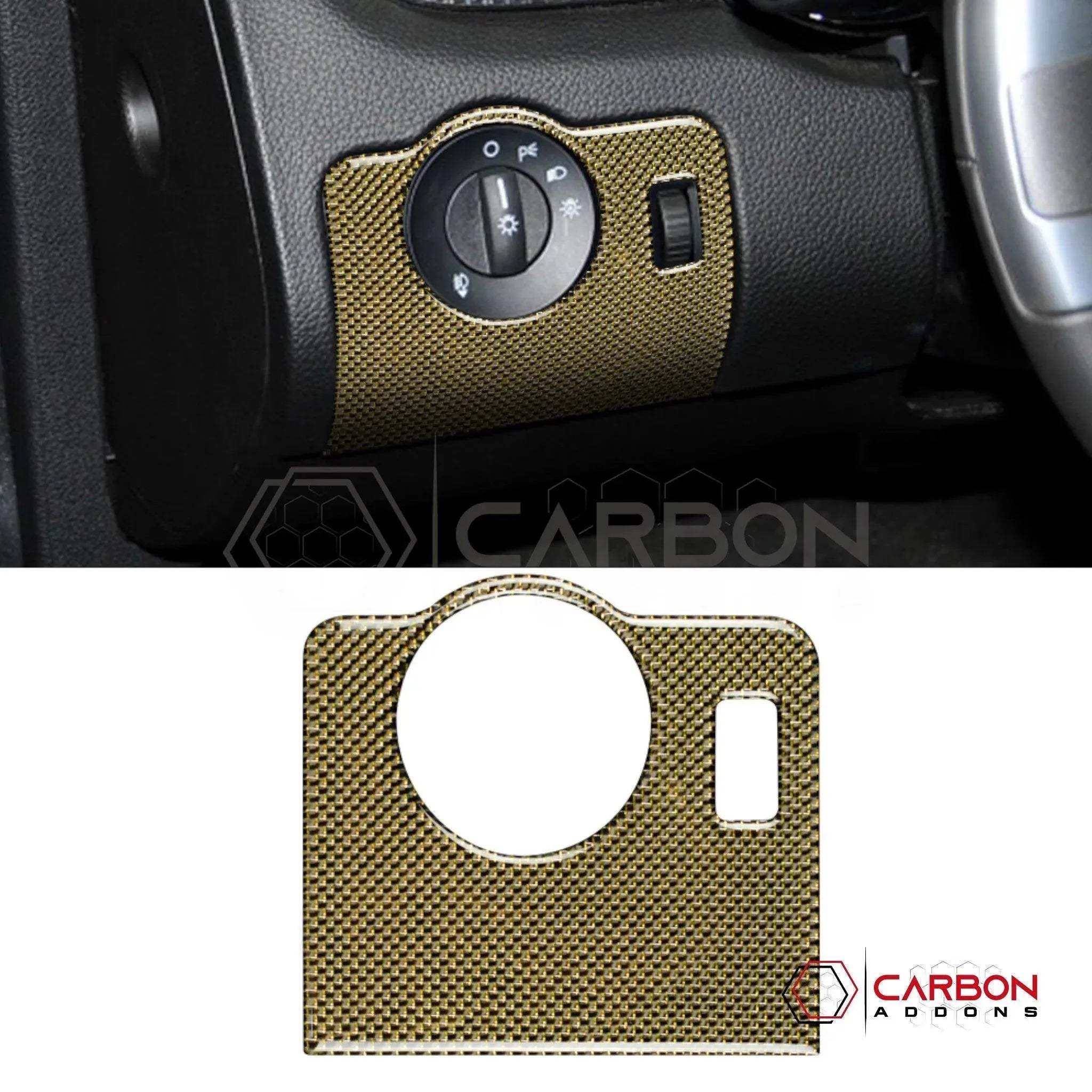 Mustang 2010-2014 Reflective Carbon Fiber Headlight Control Trim Overlay - carbonaddons Carbon Fiber Parts, Accessories, Upgrades, Mods