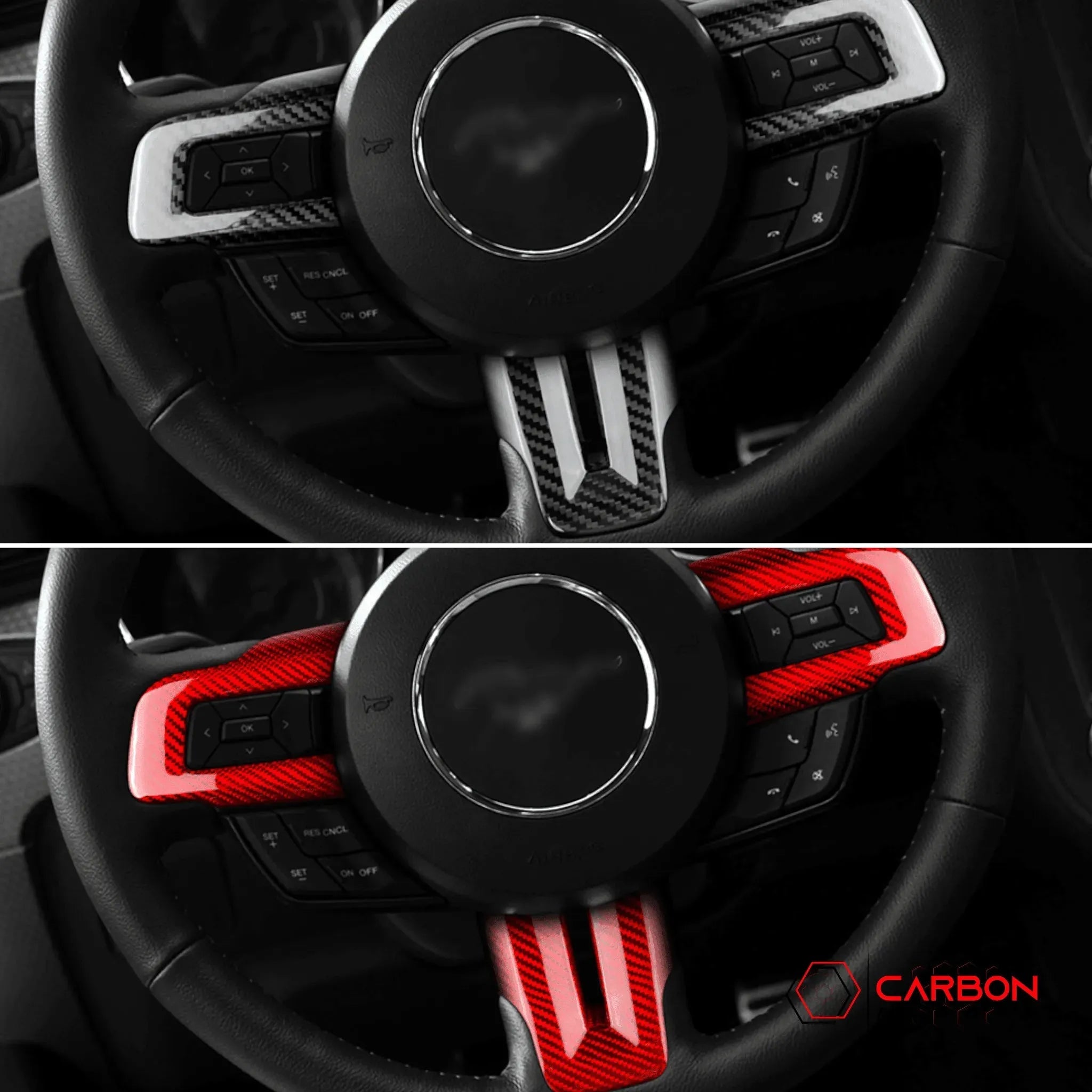 Mustang 2015-2023 Carbon Fiber Steering Wheel Chrome Delete Cover - carbonaddons Carbon Fiber Parts, Accessories, Upgrades, Mods