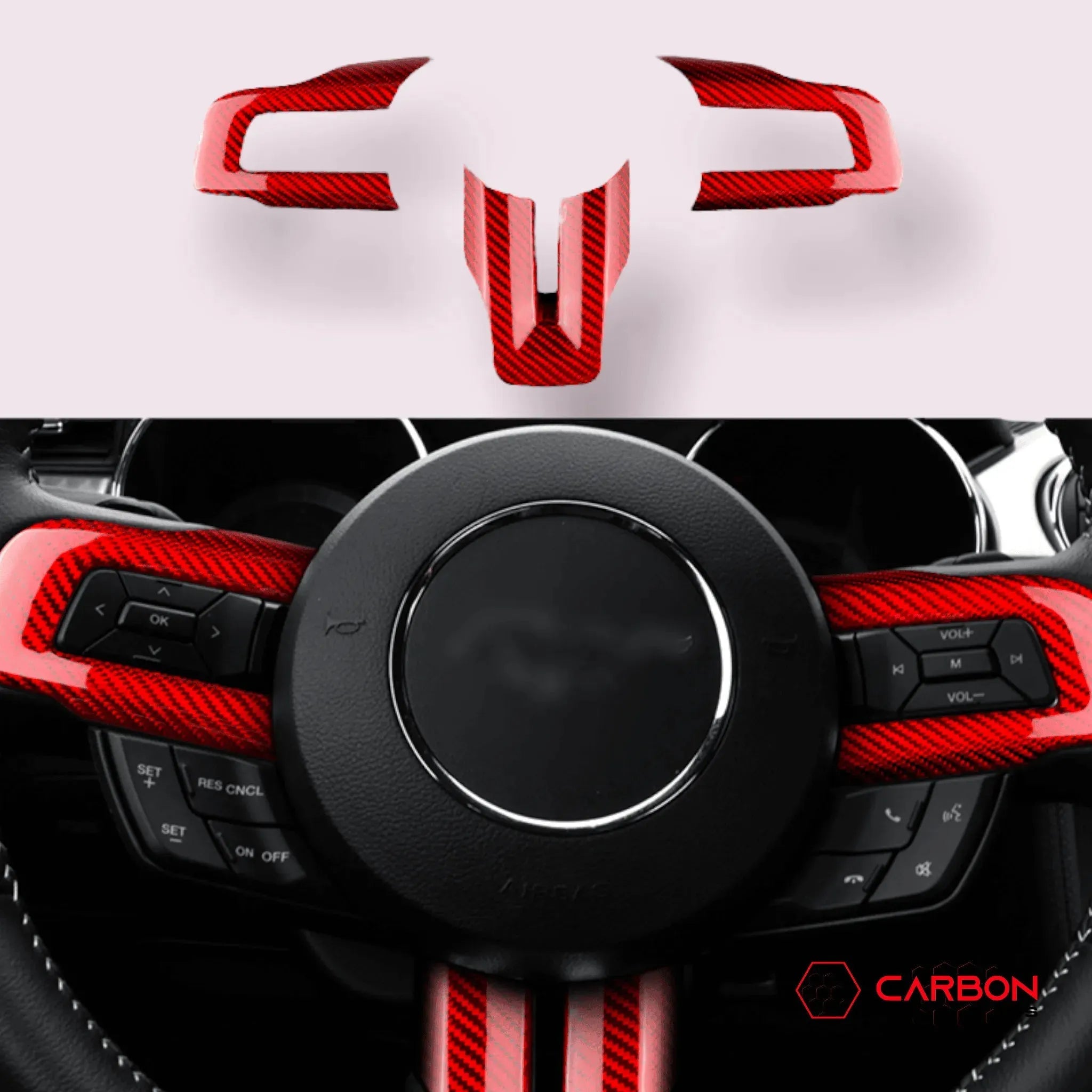 Mustang 2015-2023 Carbon Fiber Steering Wheel Chrome Delete Cover - carbonaddons Carbon Fiber Parts, Accessories, Upgrades, Mods