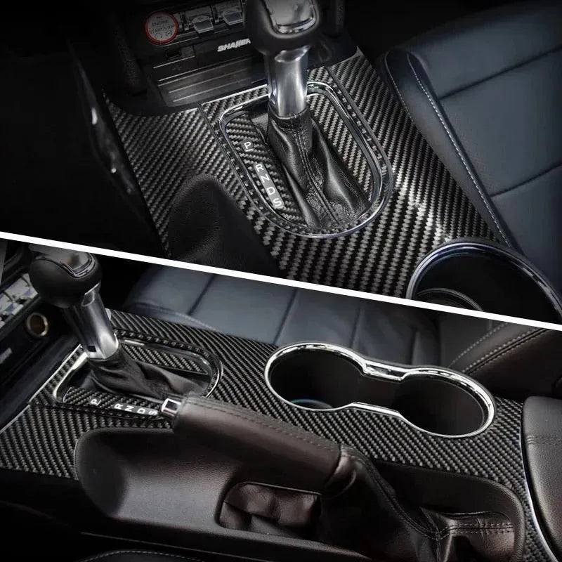 Mustang 2015-2023 Real Carbon Fiber Center Console & Gear Shift Bezel Trim Overlay - carbonaddons Carbon Fiber Parts, Accessories, Upgrades, Mods