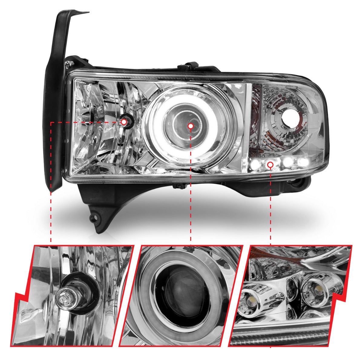 DODGE RAM 1500 94-01 / RAM 2500/3500 94-02 / RAM SPORT MODEL 94-98 PROJECTOR HALO HEADLIGHTS CHROME W/ RX HALO