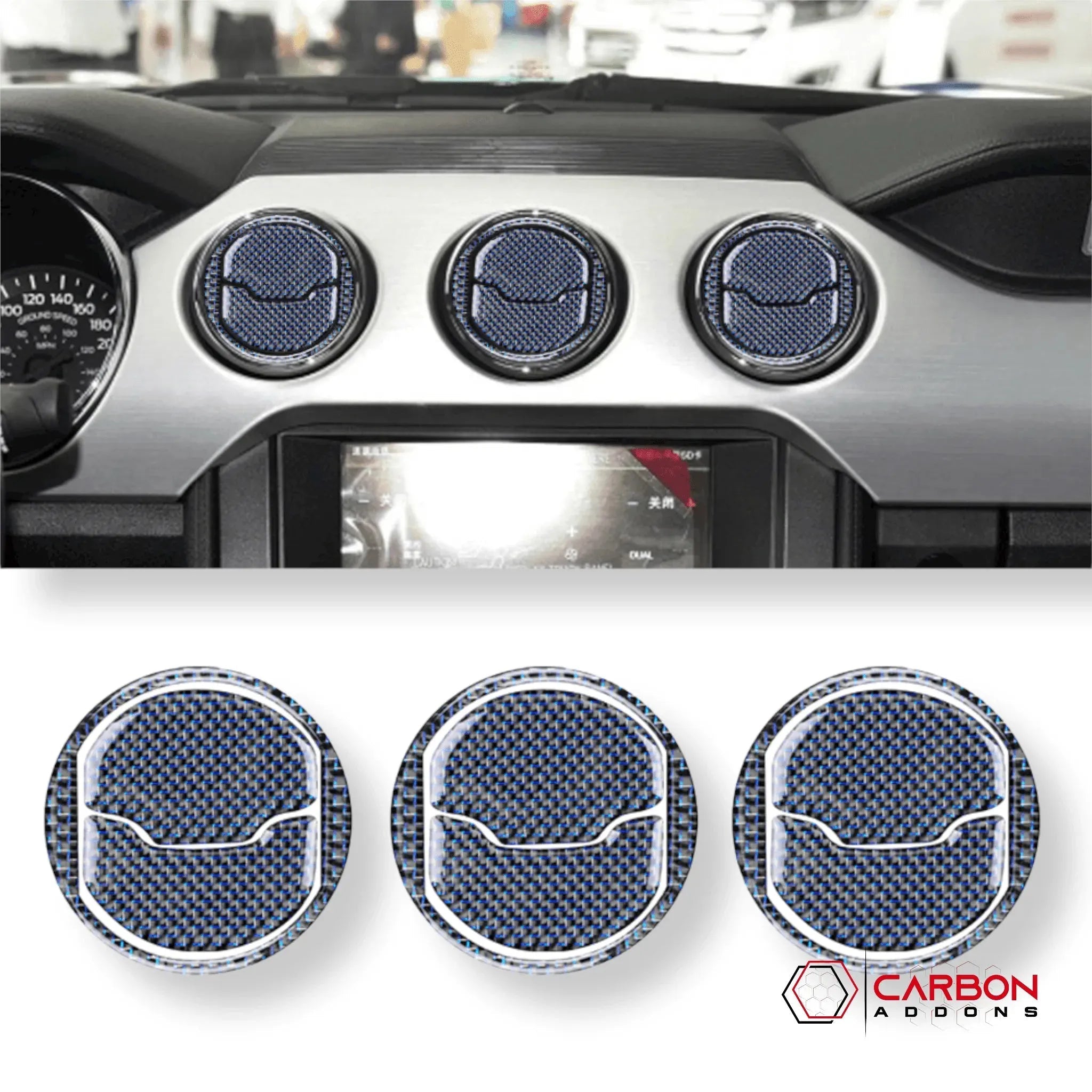 Reflective Carbon Fiber Center Air Vent Outlet Trim Overlay for Ford Mustang 2015-2023 - carbonaddons Carbon Fiber Parts, Accessories, Upgrades, Mods