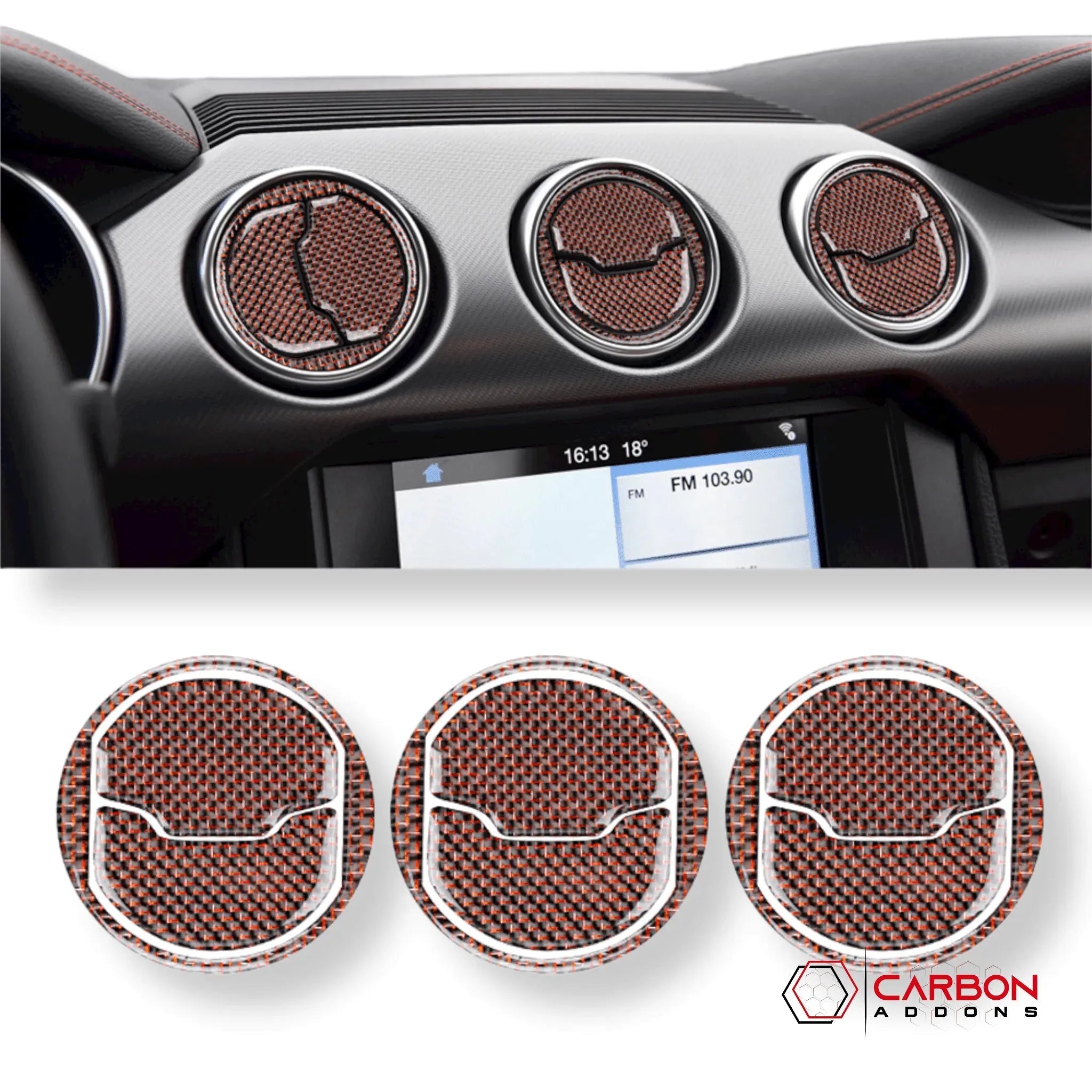 Reflective Carbon Fiber Center Air Vent Outlet Trim Overlay for Ford Mustang 2015-2023 - carbonaddons Carbon Fiber Parts, Accessories, Upgrades, Mods