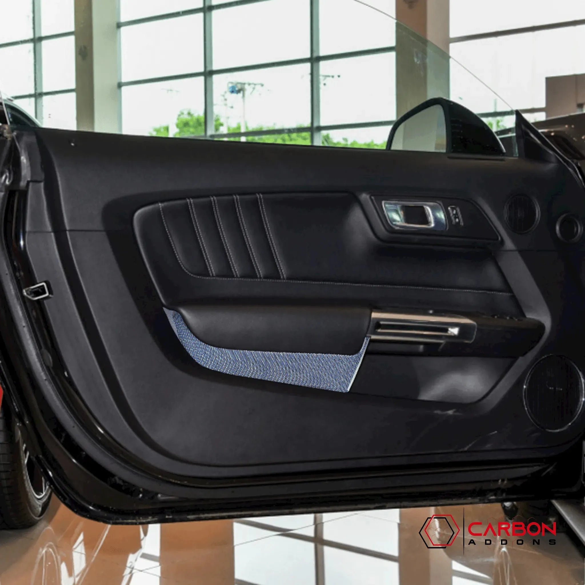Reflective Carbon Fiber Front/Rear Door Panel Overlay for Ford Mustang 2015-2023 - carbonaddons Carbon Fiber Parts, Accessories, Upgrades, Mods