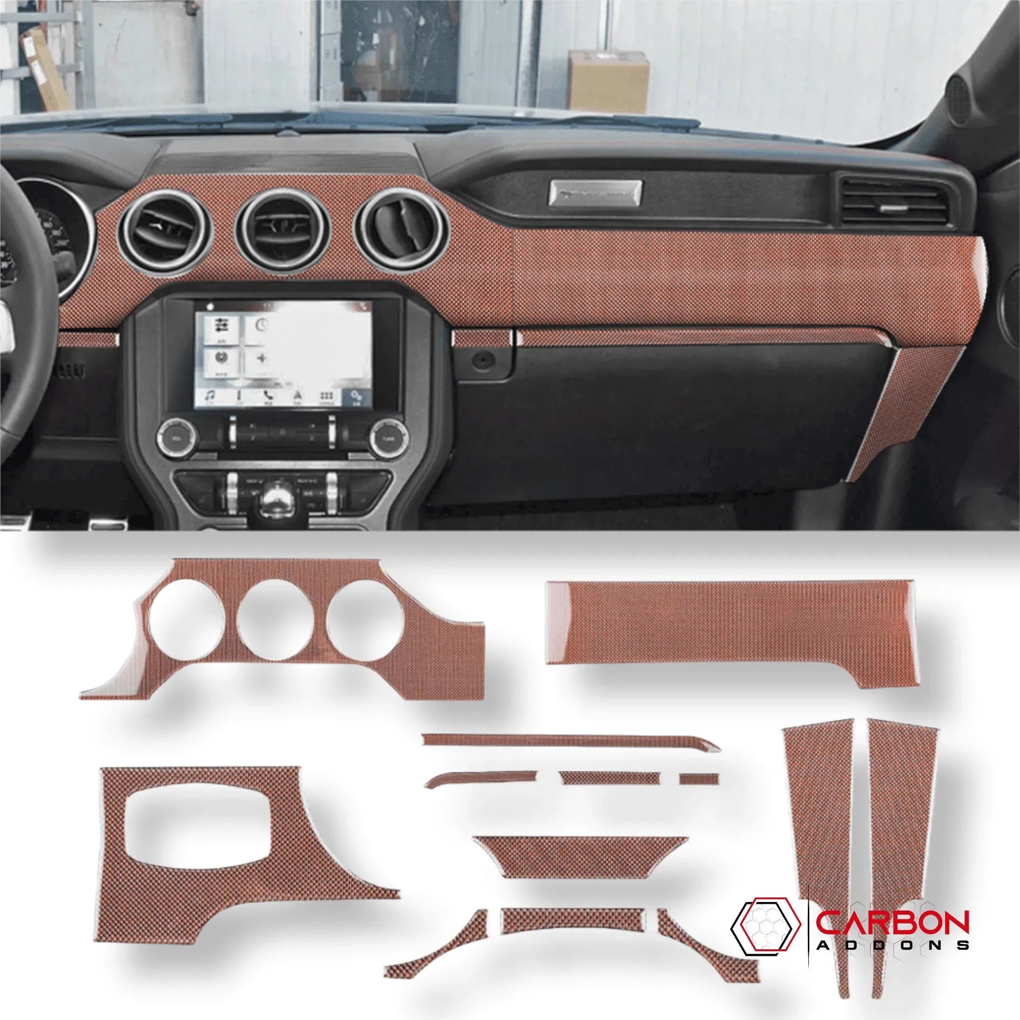 Reflective Carbon Fiber Full Dashboard Set for Ford Mustang 2015-2023 - carbonaddons Carbon Fiber Parts, Accessories, Upgrades, Mods