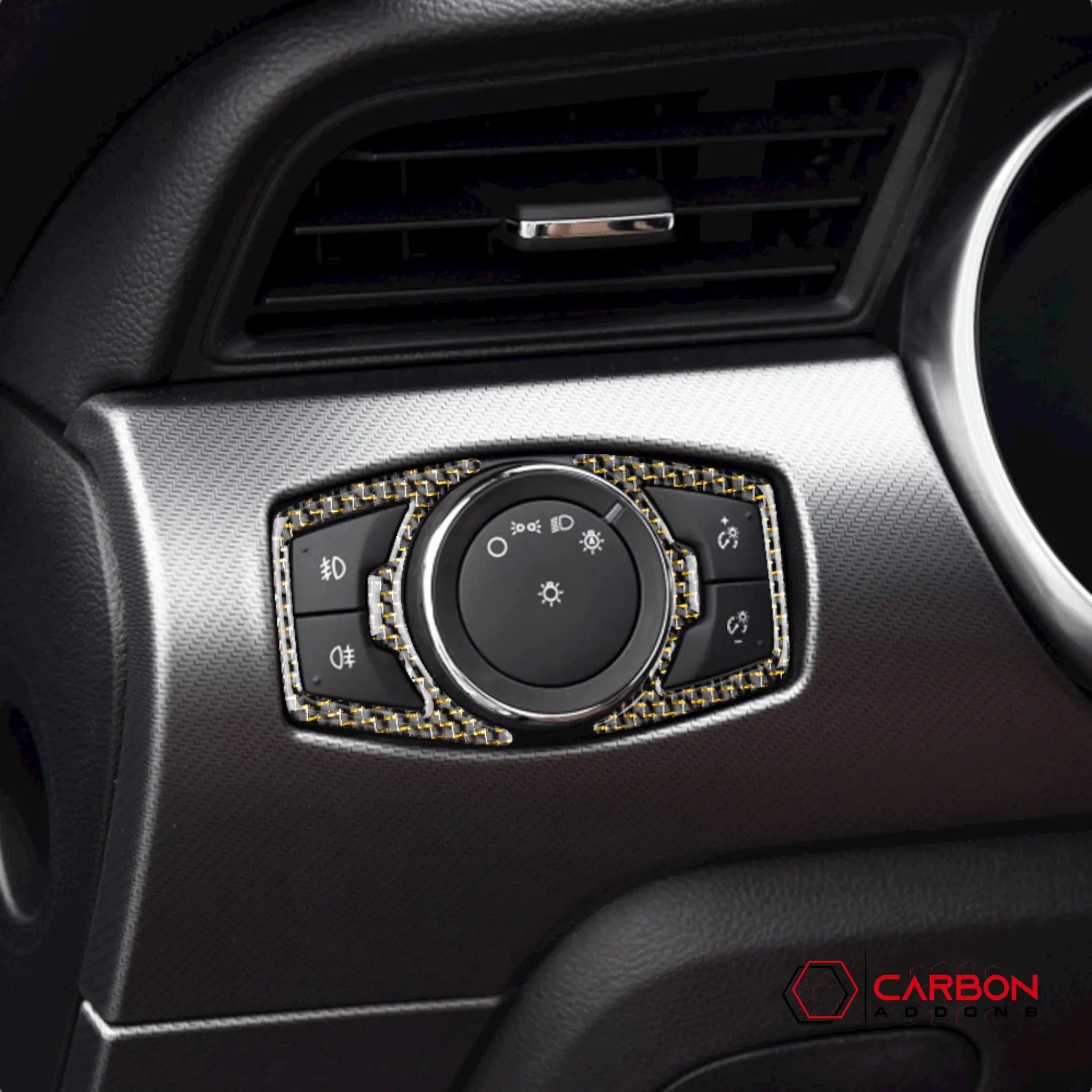 Reflective Carbon Fiber Headlight Switch Trim Overlay For Ford Mustang 2015-2023 - carbonaddons Carbon Fiber Parts, Accessories, Upgrades, Mods