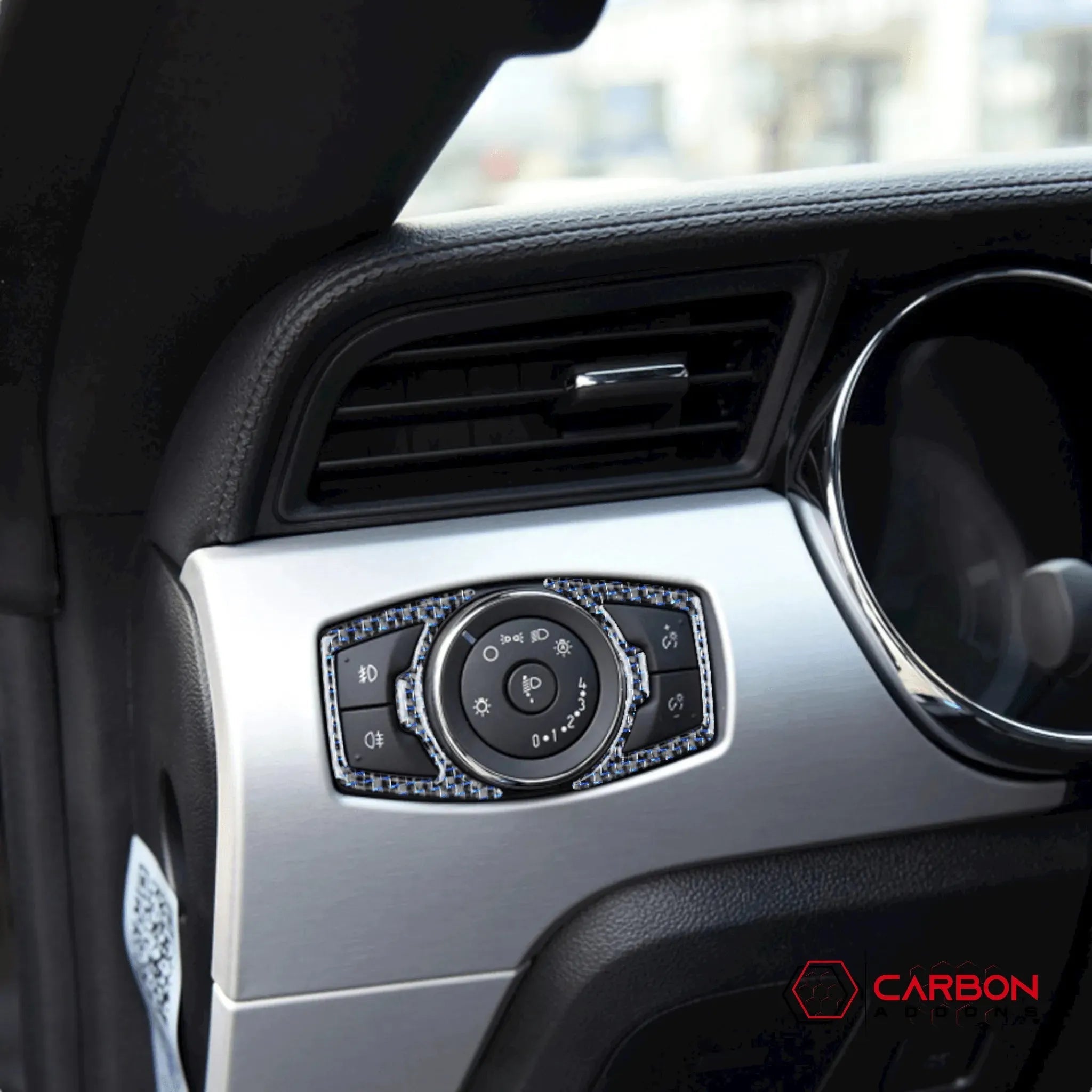 Reflective Carbon Fiber Headlight Switch Trim Overlay For Ford Mustang 2015-2023 - carbonaddons Carbon Fiber Parts, Accessories, Upgrades, Mods