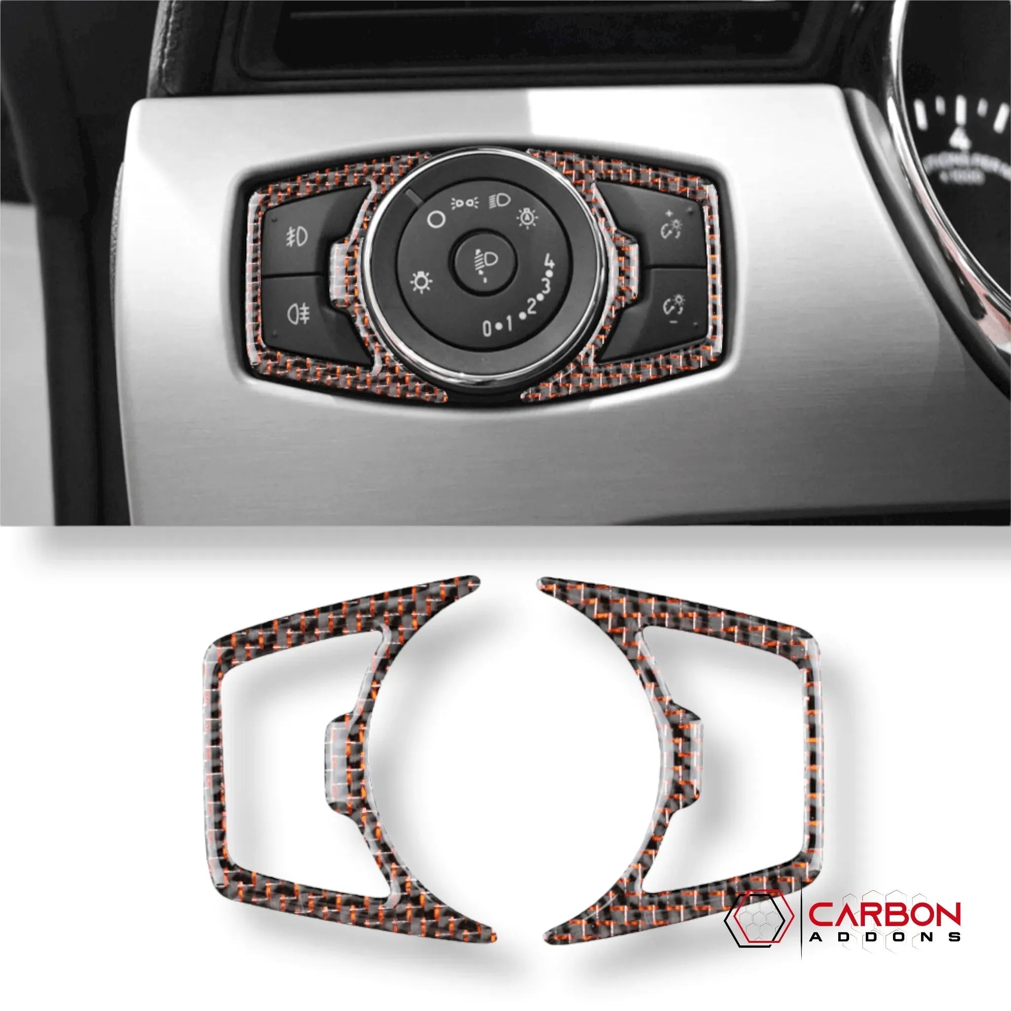 Reflective Carbon Fiber Headlight Switch Trim Overlay For Ford Mustang 2015-2023 - carbonaddons Carbon Fiber Parts, Accessories, Upgrades, Mods