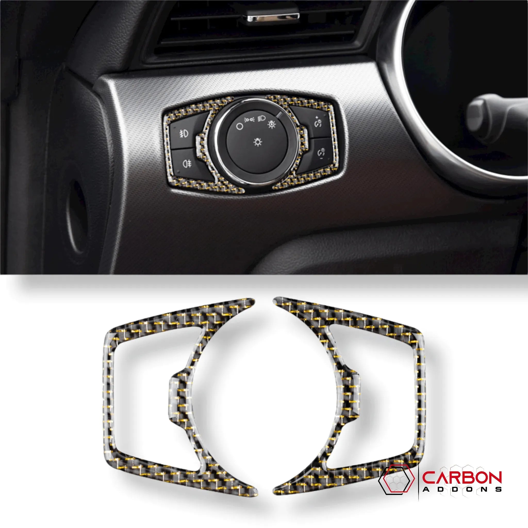 Reflective Carbon Fiber Headlight Switch Trim Overlay For Ford Mustang 2015-2023 - carbonaddons Carbon Fiber Parts, Accessories, Upgrades, Mods
