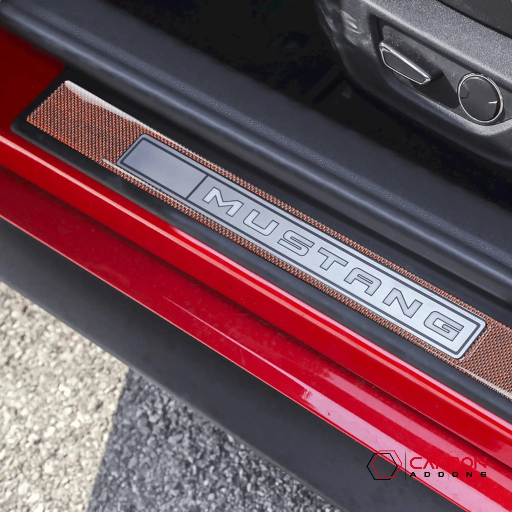 Reflective Carbon Fiber Inner Door Sills Trim Overlay for Ford Mustang 2015-2023 - carbonaddons Carbon Fiber Parts, Accessories, Upgrades, Mods