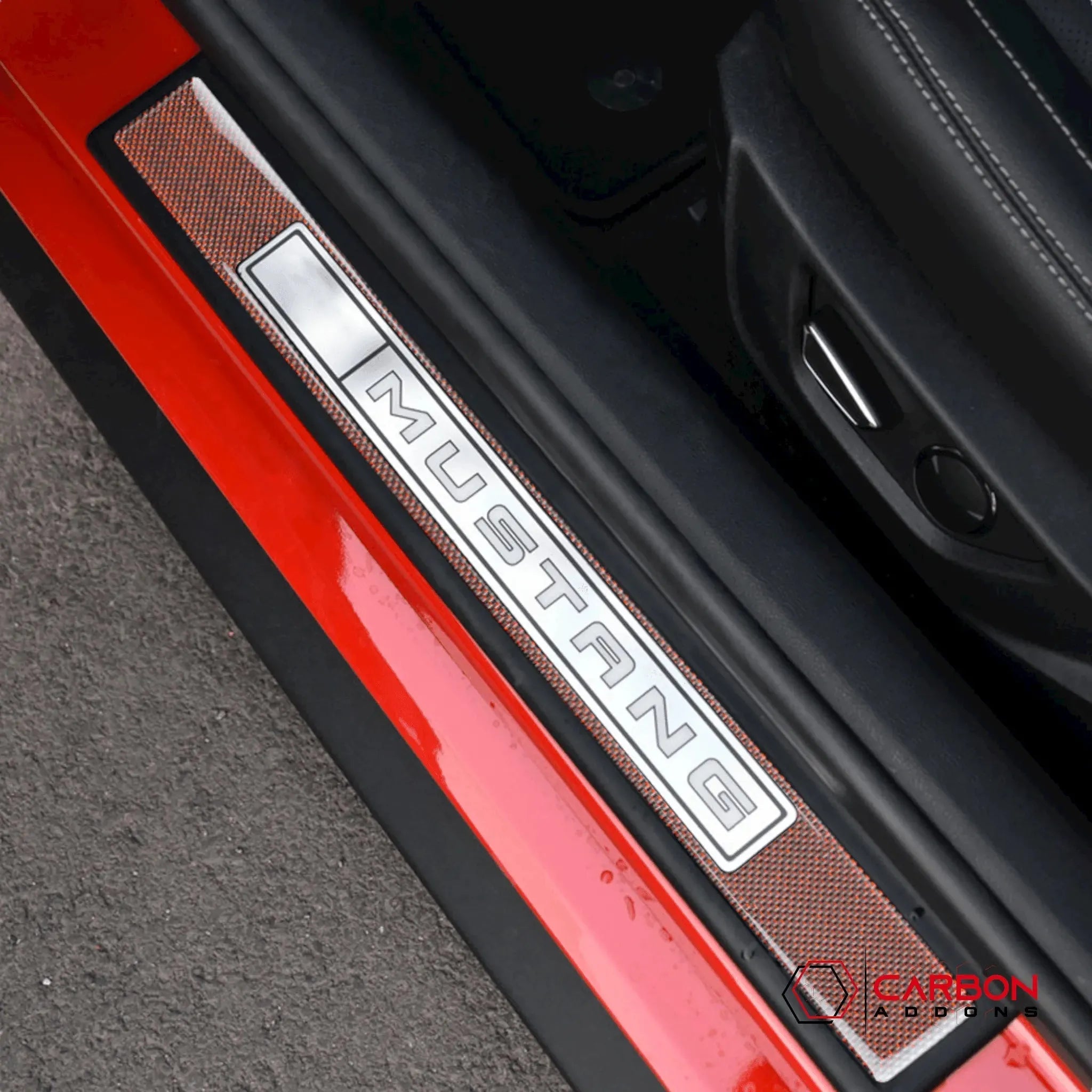 Reflective Carbon Fiber Inner Door Sills Trim Overlay for Ford Mustang 2015-2023 - carbonaddons Carbon Fiber Parts, Accessories, Upgrades, Mods