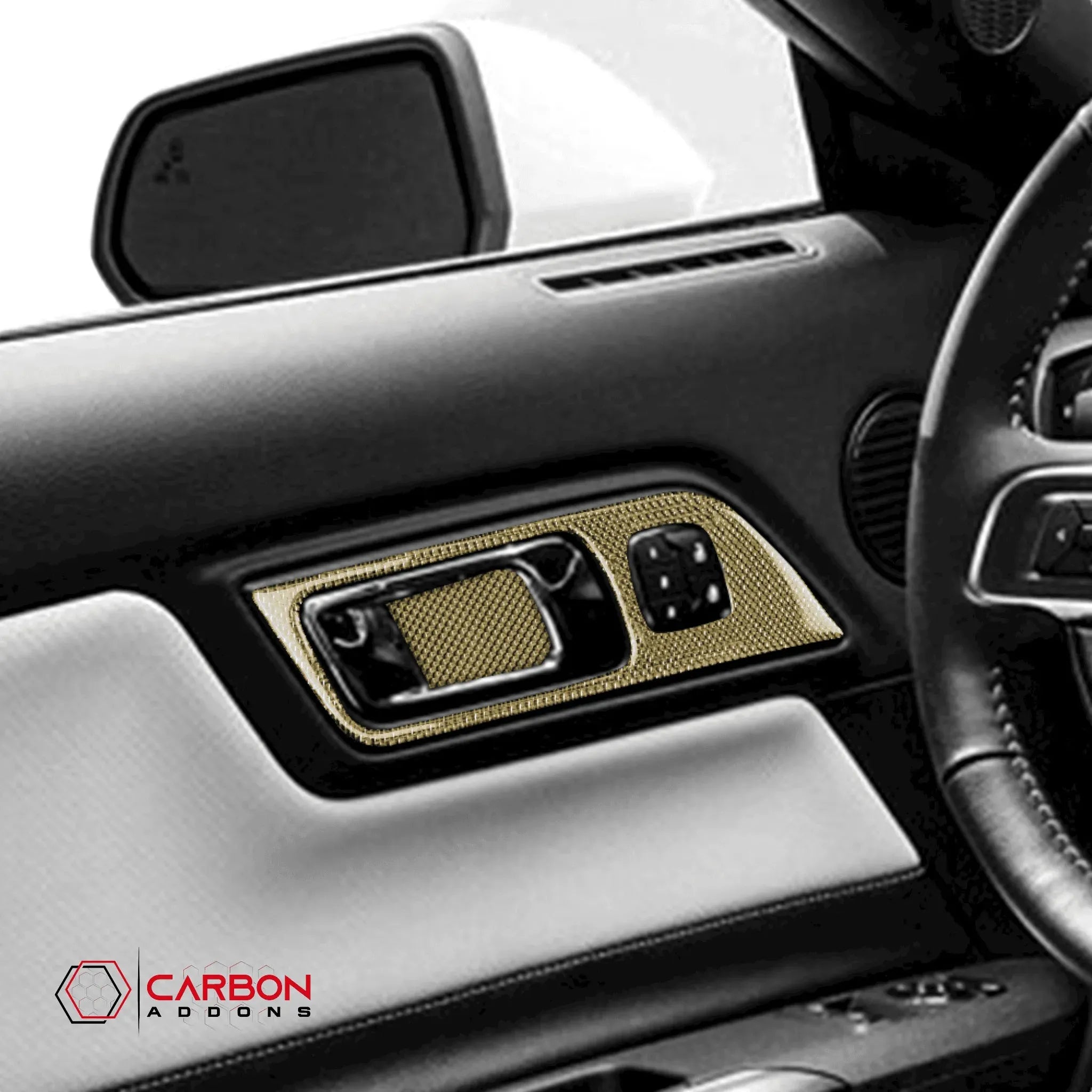 Reflective Carbon Fiber Interior Door Handle Trim Overlay for Ford Mustang 2015-2023 - carbonaddons Carbon Fiber Parts, Accessories, Upgrades, Mods