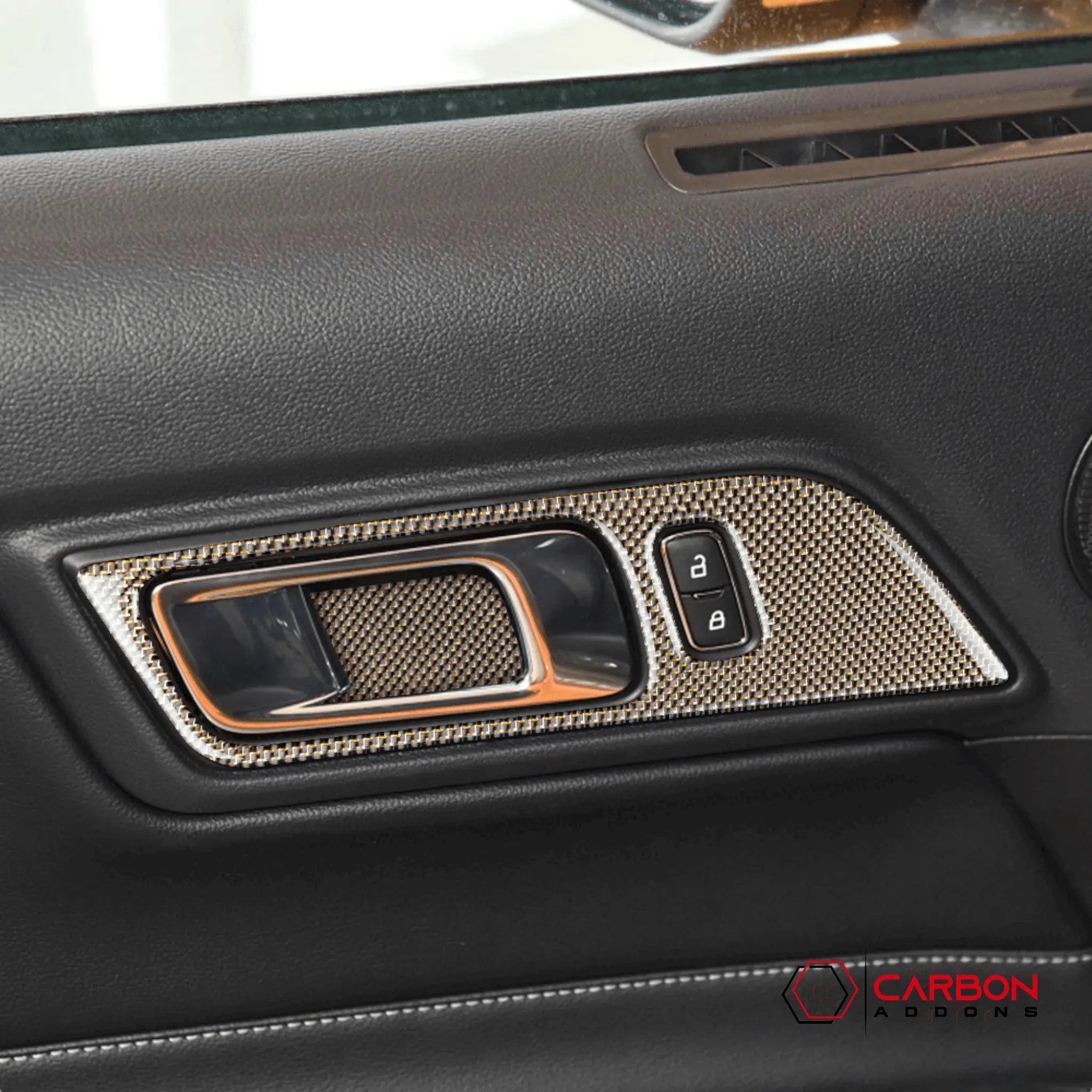 Reflective Carbon Fiber Interior Door Handle Trim Overlay for Ford Mustang 2015-2023 - carbonaddons Carbon Fiber Parts, Accessories, Upgrades, Mods