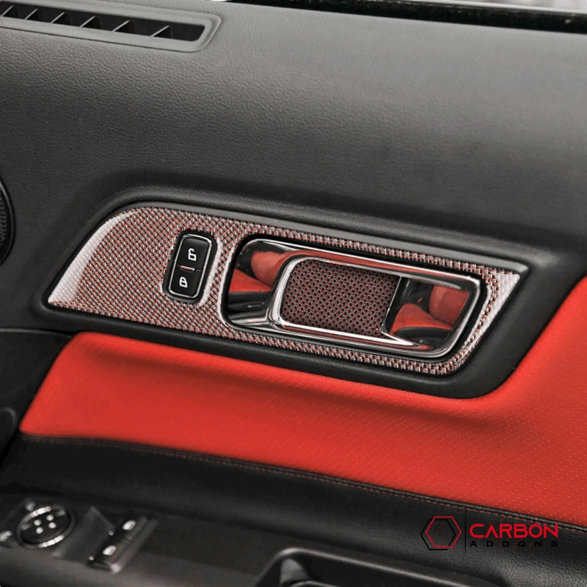 Reflective Carbon Fiber Interior Door Handle Trim Overlay for Ford Mustang 2015-2023 - carbonaddons Carbon Fiber Parts, Accessories, Upgrades, Mods
