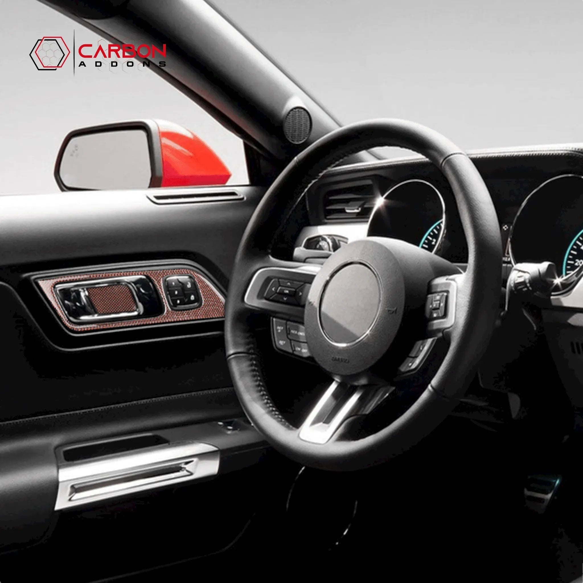 Reflective Carbon Fiber Interior Door Handle Trim Overlay for Ford Mustang 2015-2023 - carbonaddons Carbon Fiber Parts, Accessories, Upgrades, Mods