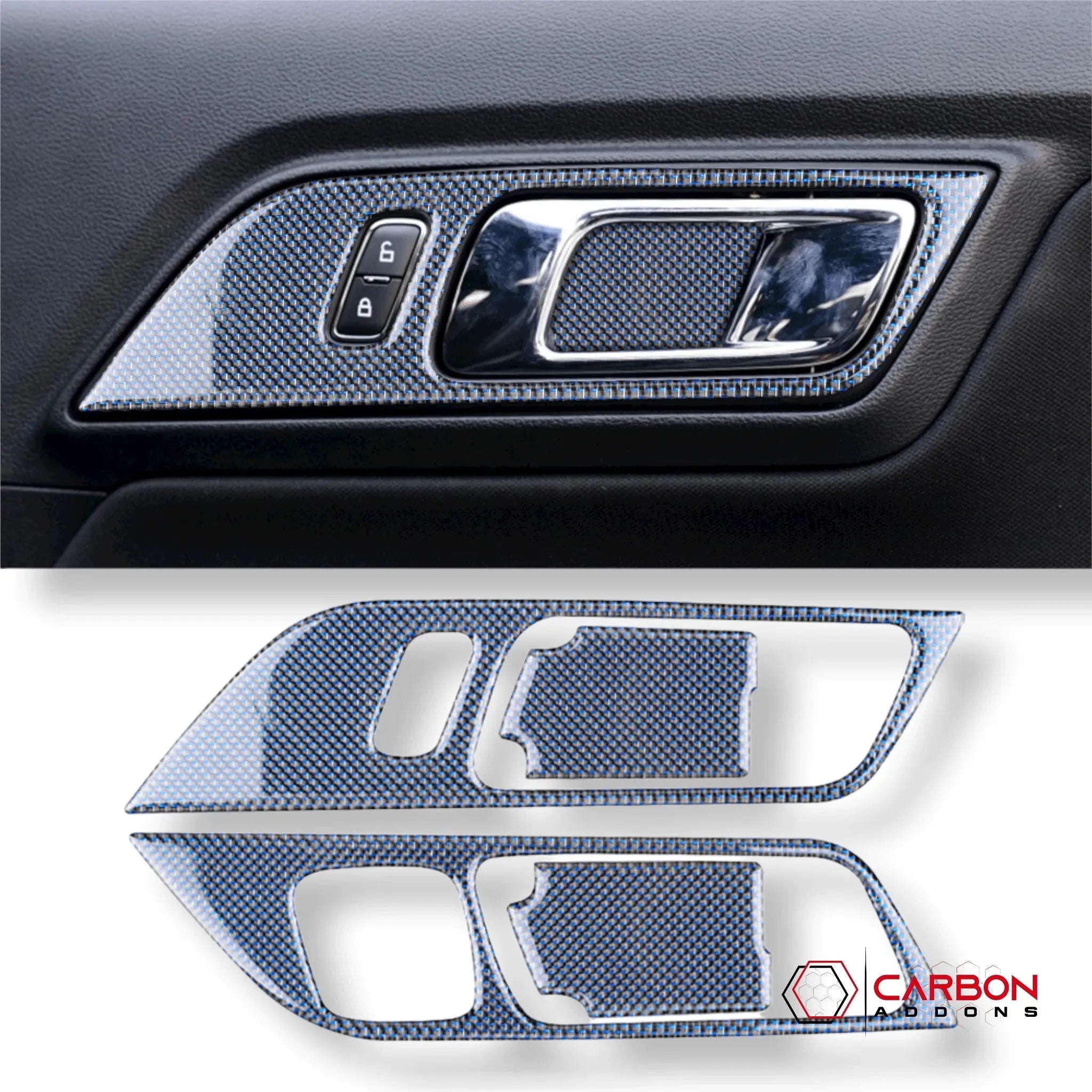 Reflective Carbon Fiber Interior Door Handle Trim Overlay for Ford Mustang 2015-2023 - carbonaddons Carbon Fiber Parts, Accessories, Upgrades, Mods