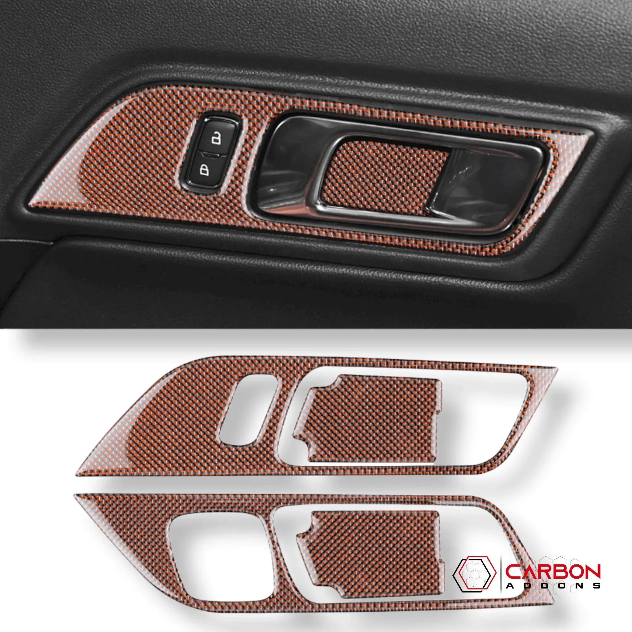 Reflective Carbon Fiber Interior Door Handle Trim Overlay for Ford Mustang 2015-2023 - carbonaddons Carbon Fiber Parts, Accessories, Upgrades, Mods