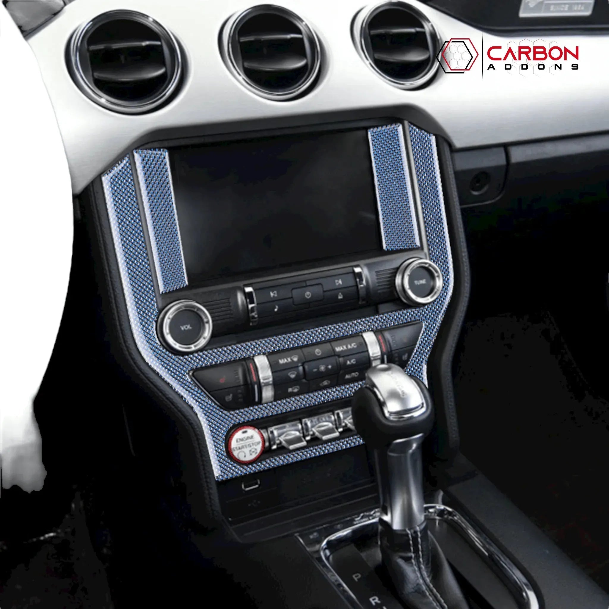 Reflective Carbon Fiber Multimedia Radio Trim Overlay for Ford Mustang 2015-2023 - carbonaddons Carbon Fiber Parts, Accessories, Upgrades, Mods