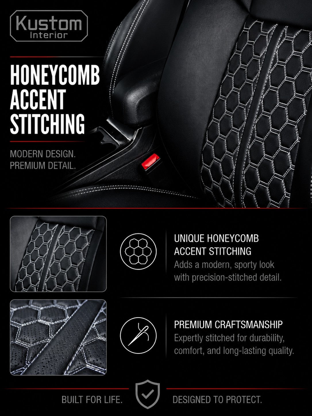 Custom Fit Seat Covers for 2015-2023 Dodge Charger – Front & Rear Set of 4, Premium Artificial Leather w/ Embroidered Logos (Performance Seats) (All Black w/ Honeycomb (White Stitching))