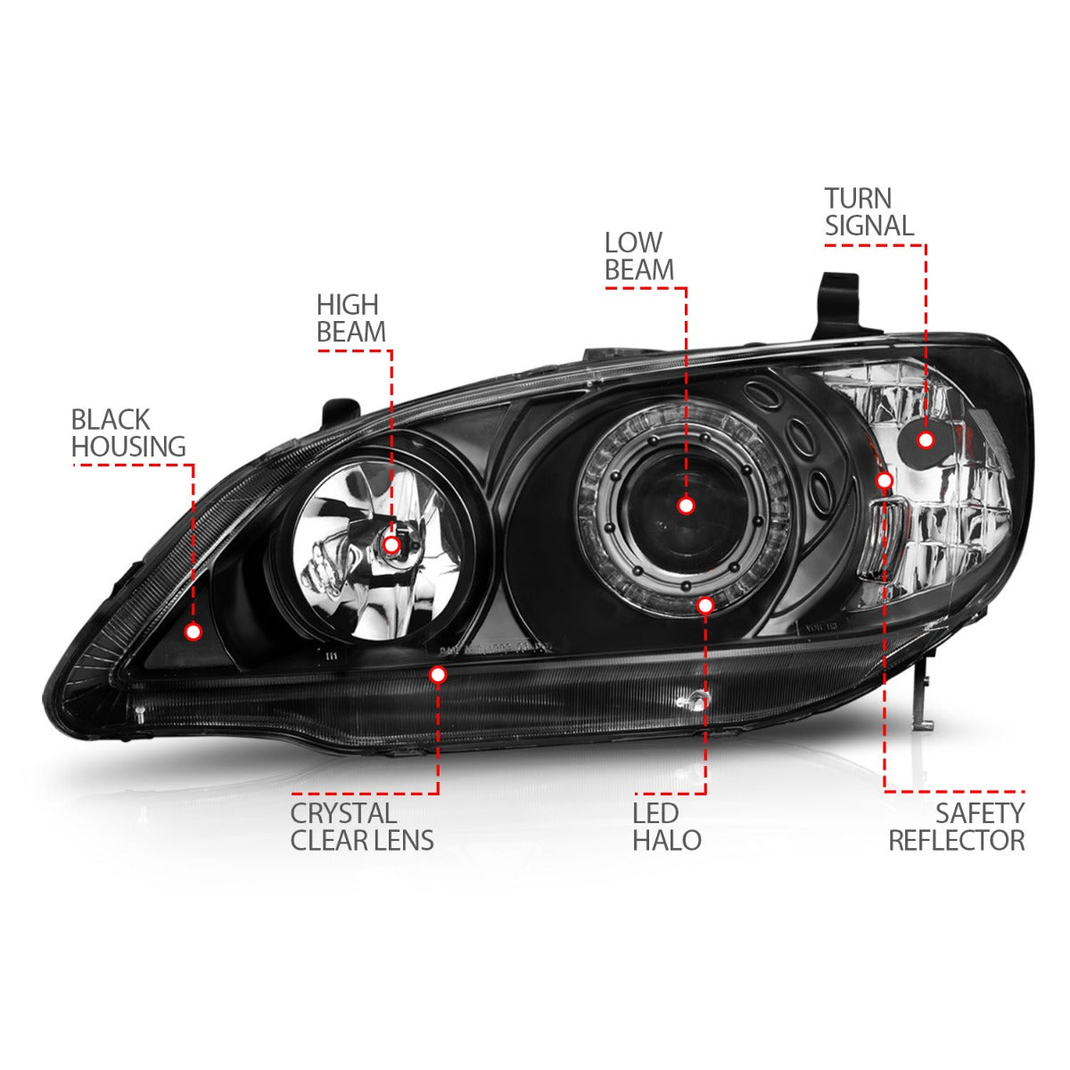 HONDA CIVIC 04-05 2DR/4DR PROJECTOR HEADLIGHTS BLACK W/ LED HALO