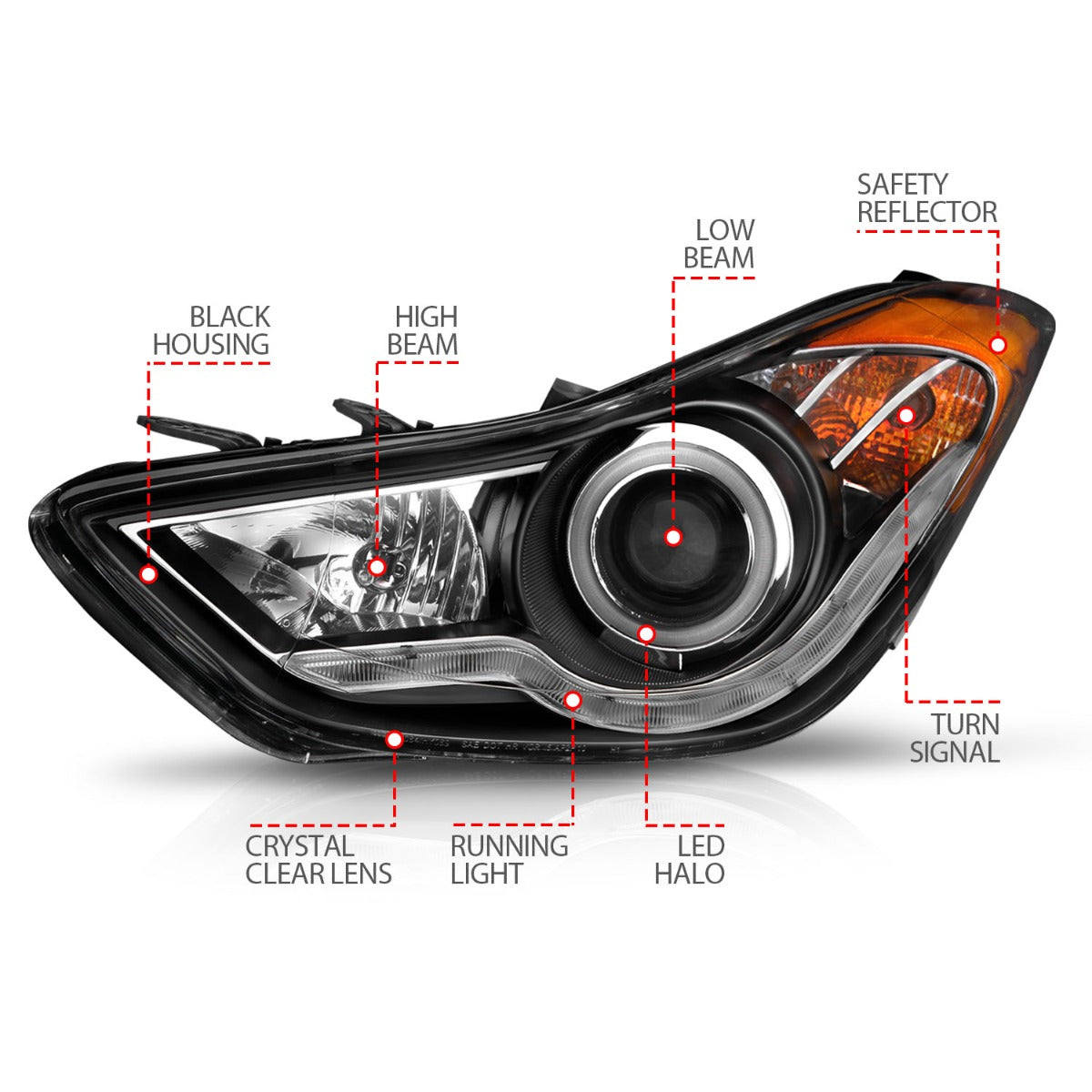 HYUNDAI ELANTRA 11-13 PROJECTOR HEADLIGHTS BLACK W/ RX HALO