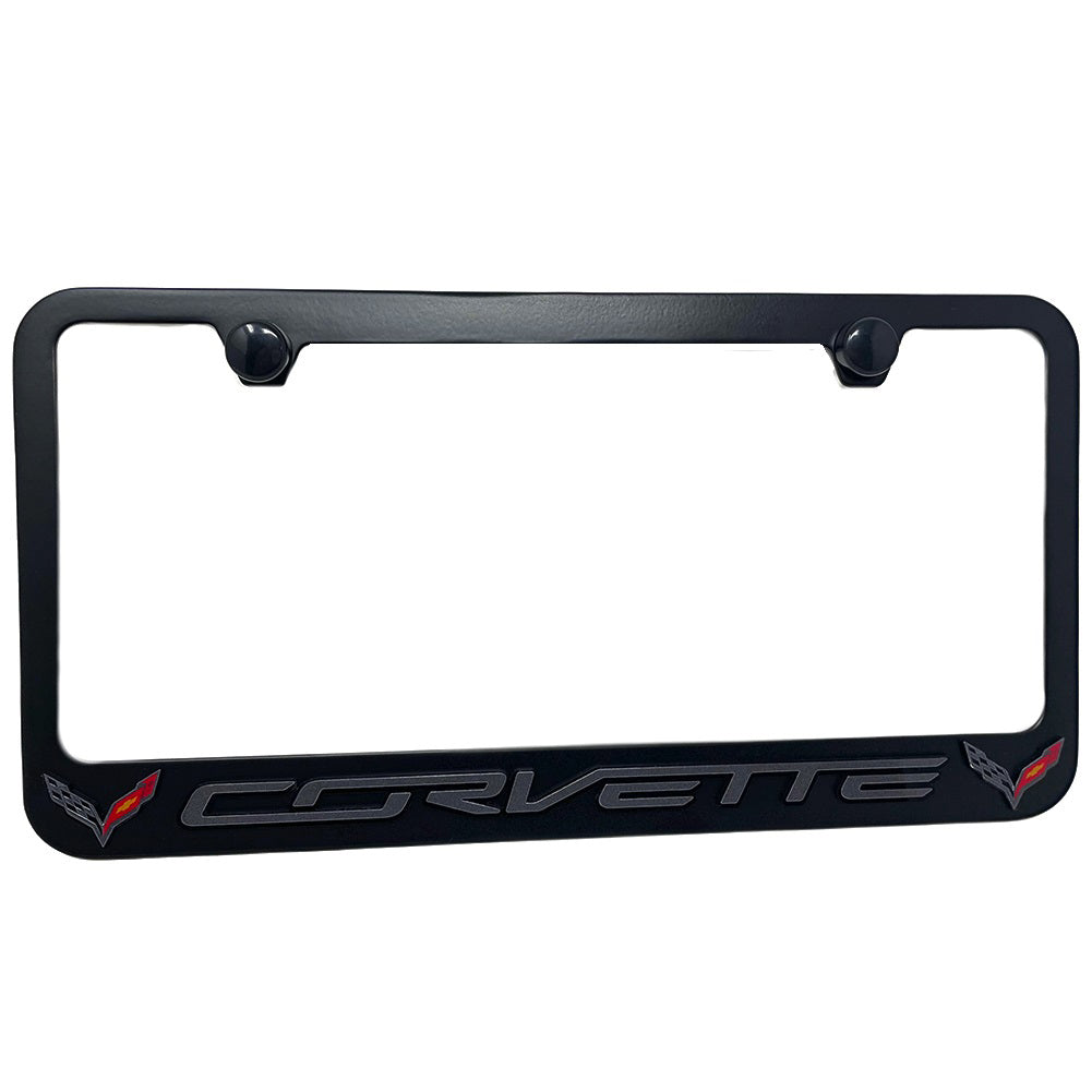 C7 Corvette License Plate Frame - Black with C7 Crossed Flags Logo - Black