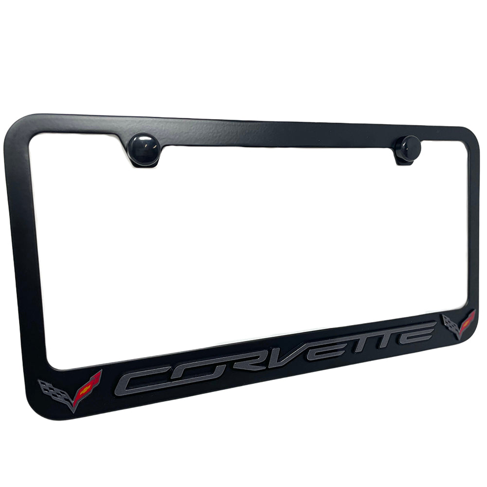 C7 Corvette License Plate Frame - Black with C7 Crossed Flags Logo - Black