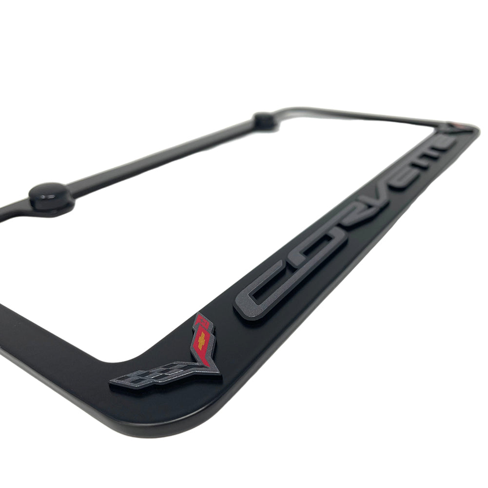 C7 Corvette License Plate Frame - Black with C7 Crossed Flags Logo - Black