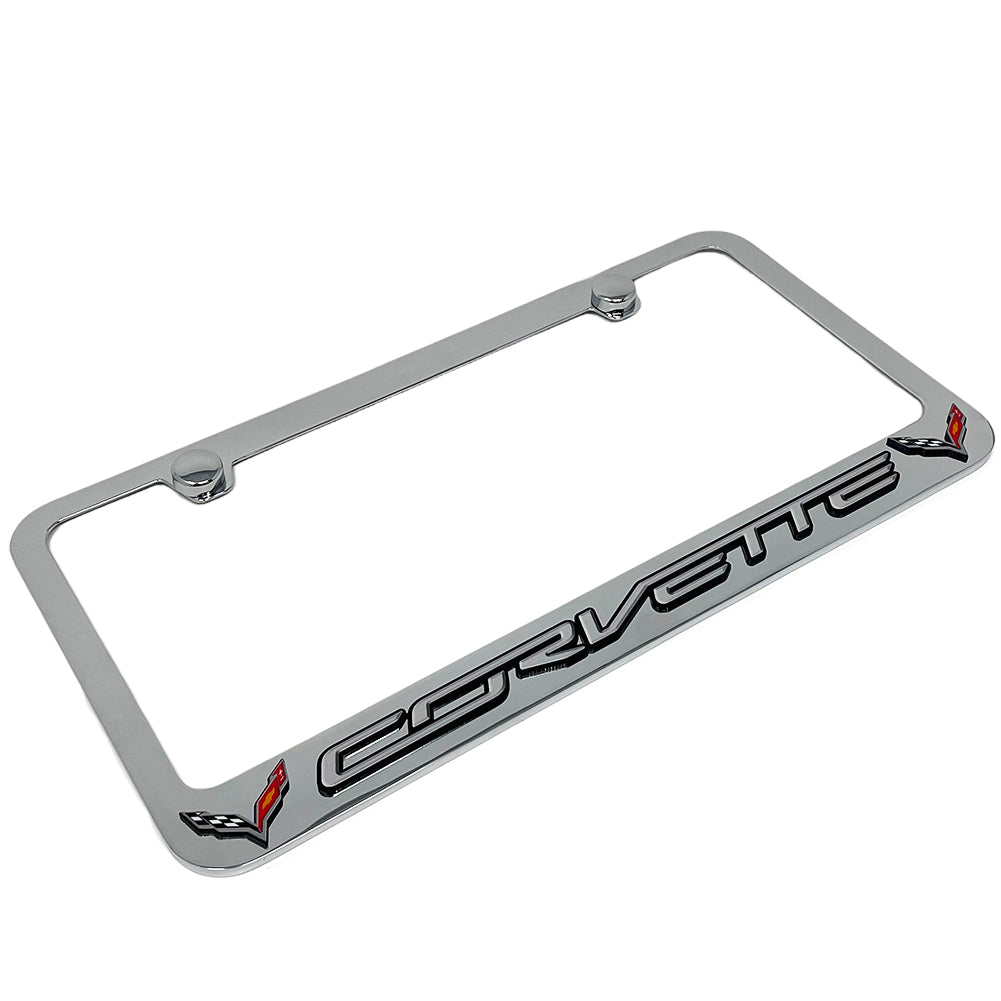 C7 Corvette License Plate Frame - Chrome with C7 Crossed Flags Logo - Chrome